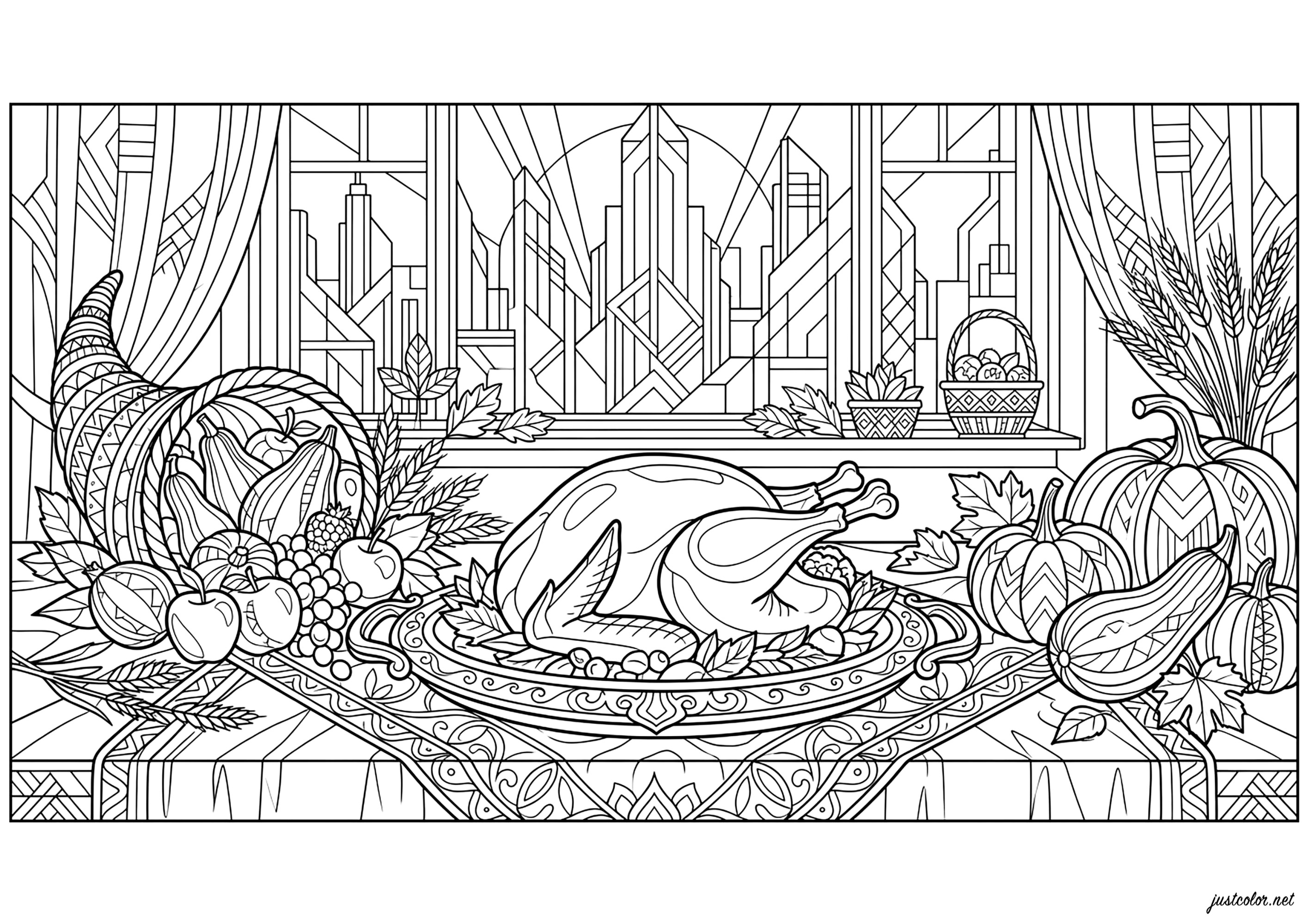 Herbstfest Art Deco (Ausmalbild von Thanksgiving zum Ausdrucken und Ausmalen für Erwachsene)