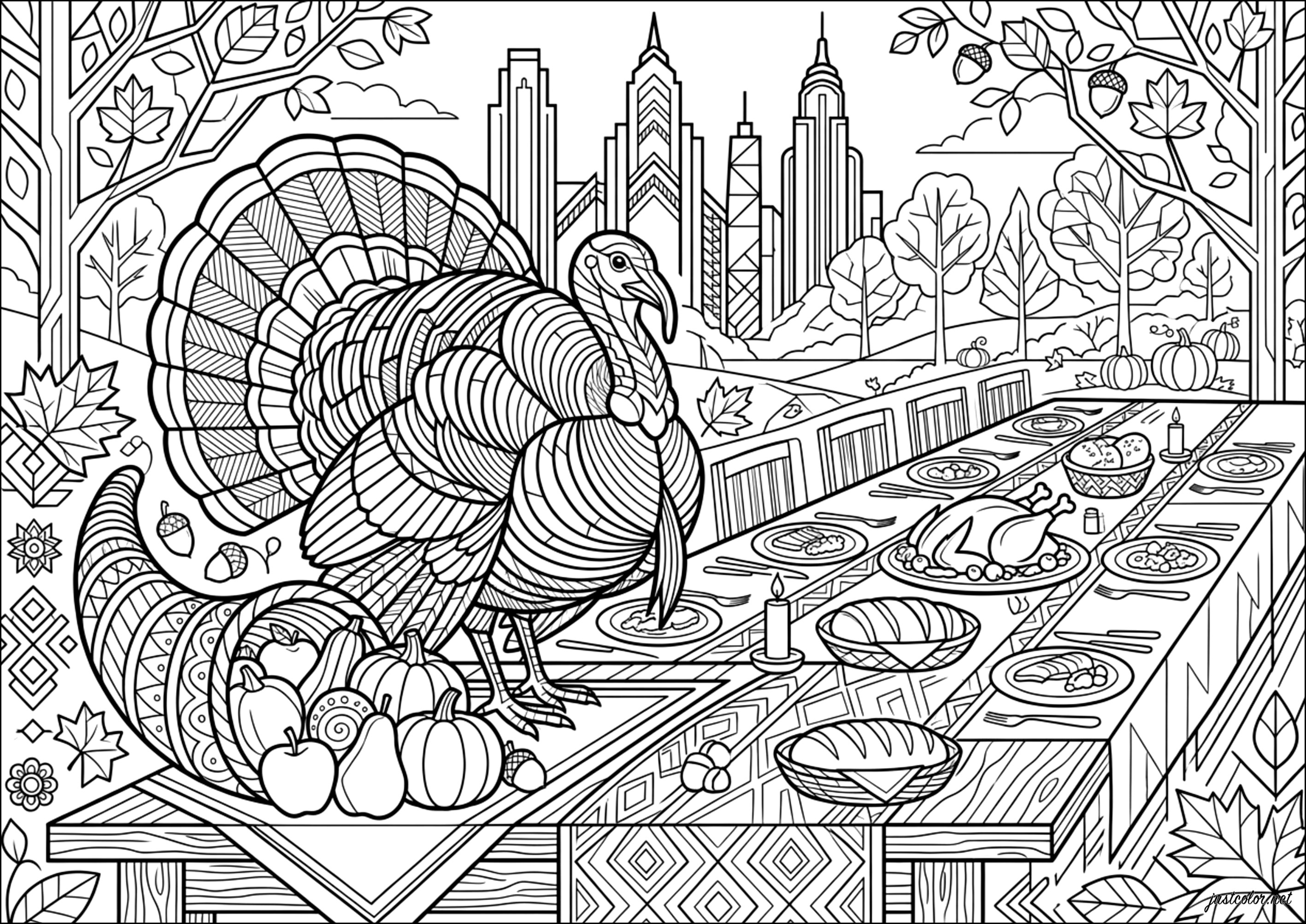 Erntedank-Art-Deco – Hommage an Metropolis (Ausmalbild von Thanksgiving zum Ausdrucken und Ausmalen für Erwachsene)