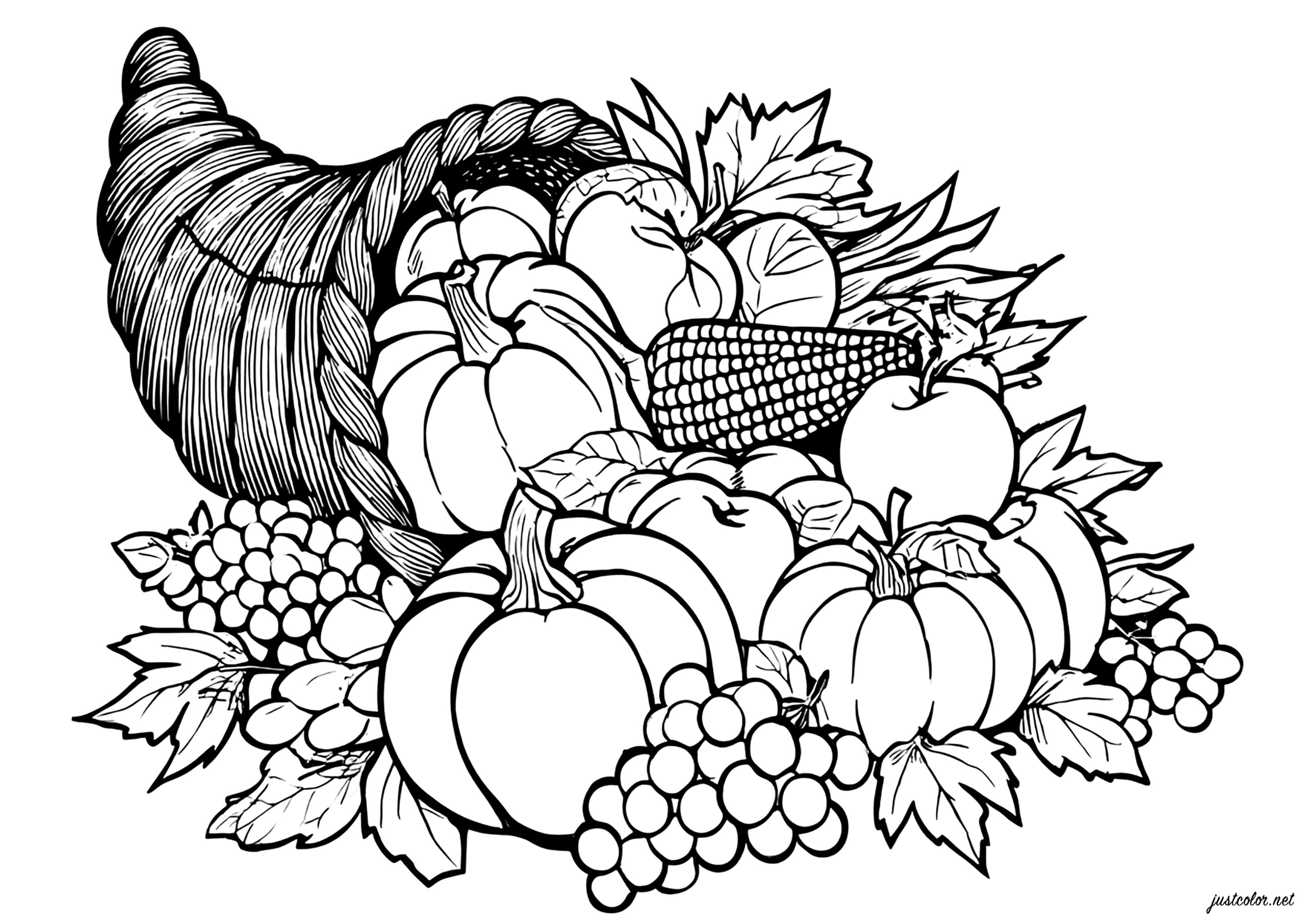 Vielseitiges Fruchthorn der Fülle (Ausmalbild von Thanksgiving zum Ausdrucken und Ausmalen für Erwachsene)