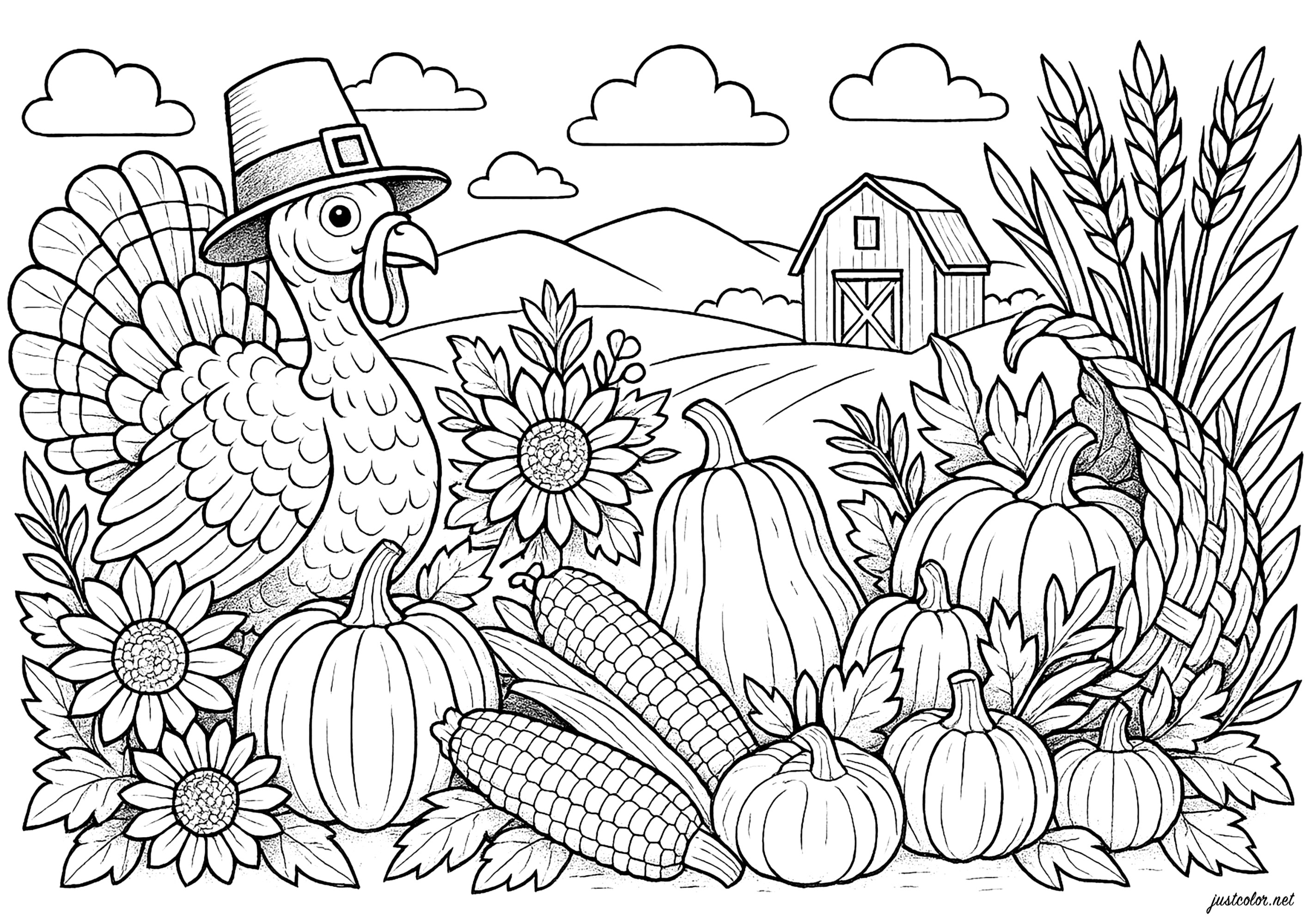 Feierliche Ernte auf dem Land (Ausmalbild von Thanksgiving zum Ausdrucken und Ausmalen für Erwachsene)