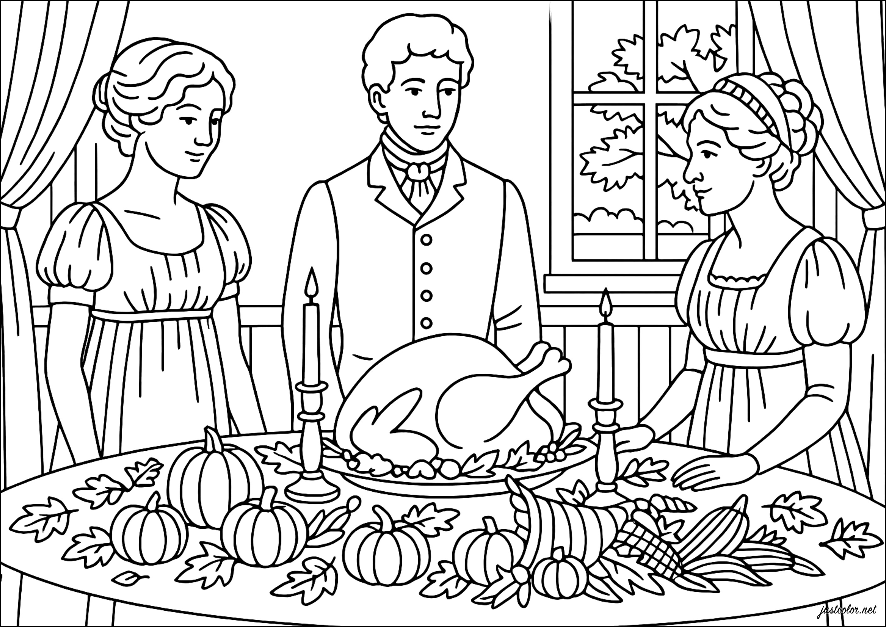 Herbstliches Abendessen in Pemberley (Ausmalbild von Thanksgiving zum Ausdrucken und Ausmalen für Erwachsene)