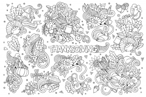 Handgezeichnete Doodle Cartoon Set von Objekten und Symbolen für Thanksgiving (Ausmalbild)
