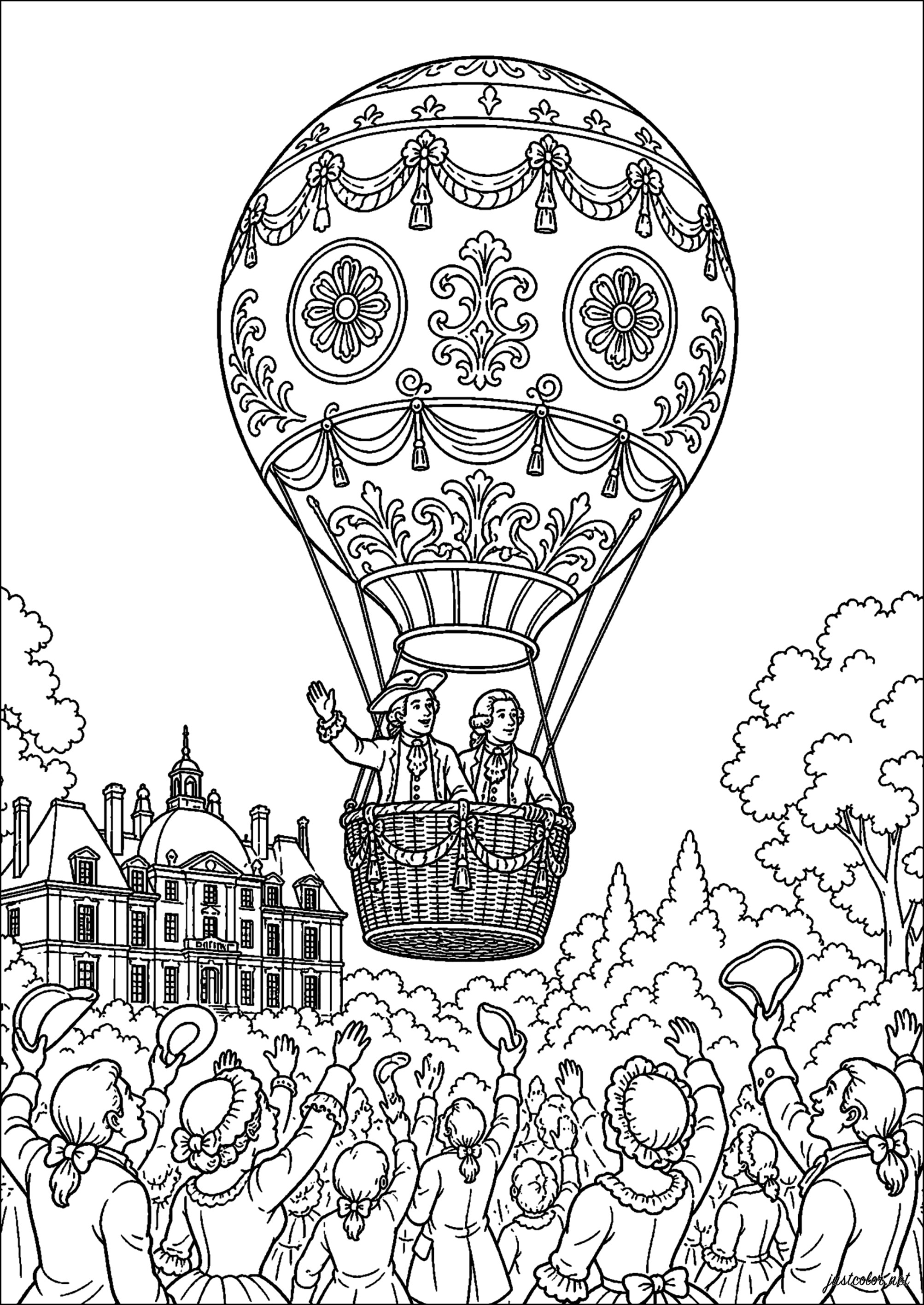 Erster bemannter Flug in einem Heißluftballon - 21. November - 1783 (Ausmalbild von Verschiedene Veranstaltungen / News zum Ausdrucken und Ausmalen für Erwachsene)