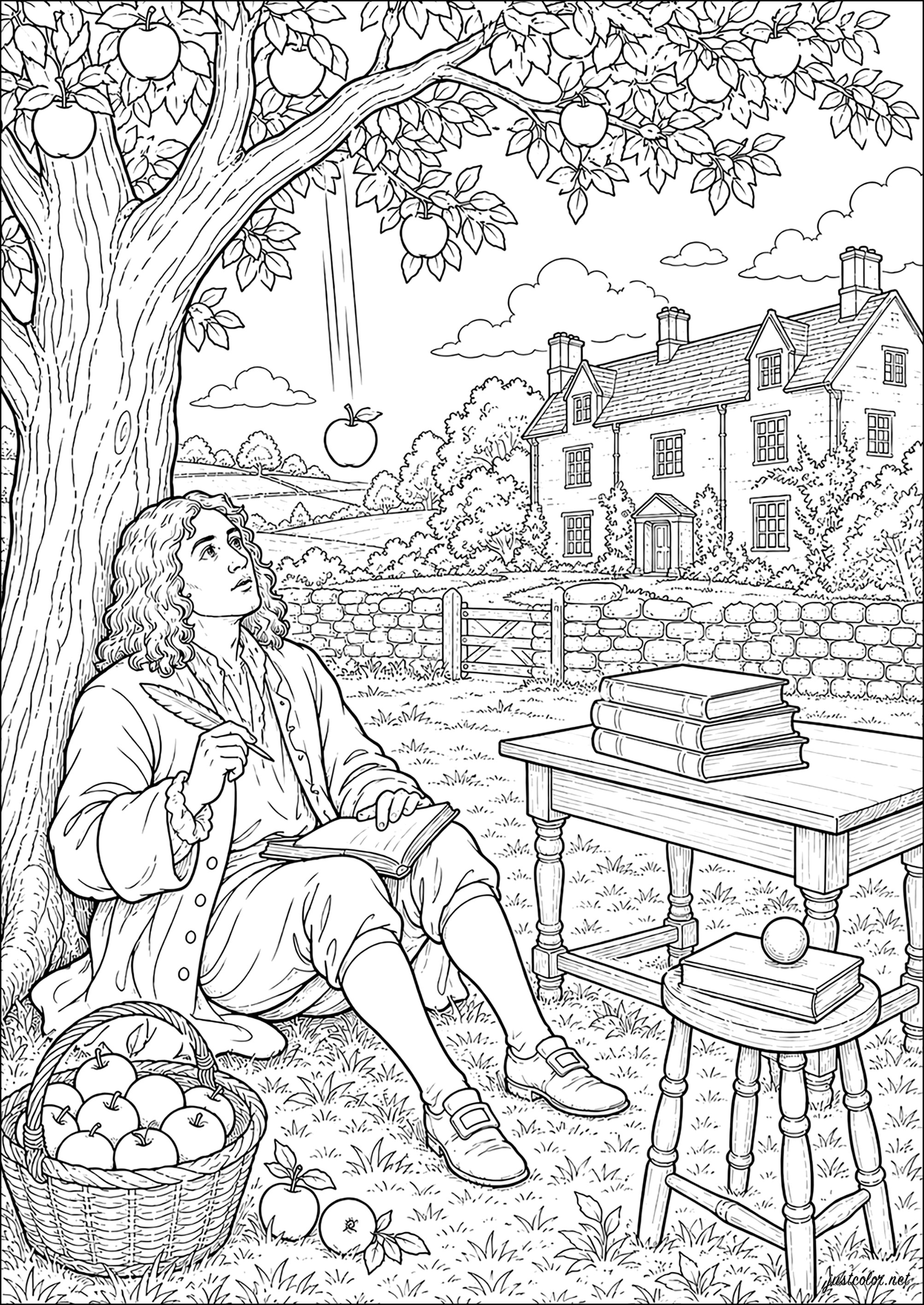 Isaac Newton entdeckt die universelle Gravitation durch seinen berühmten Apfel, im Jahr 1666. (Ausmalbild von Verschiedene Veranstaltungen / News zum Ausdrucken und Ausmalen für Erwachsene)