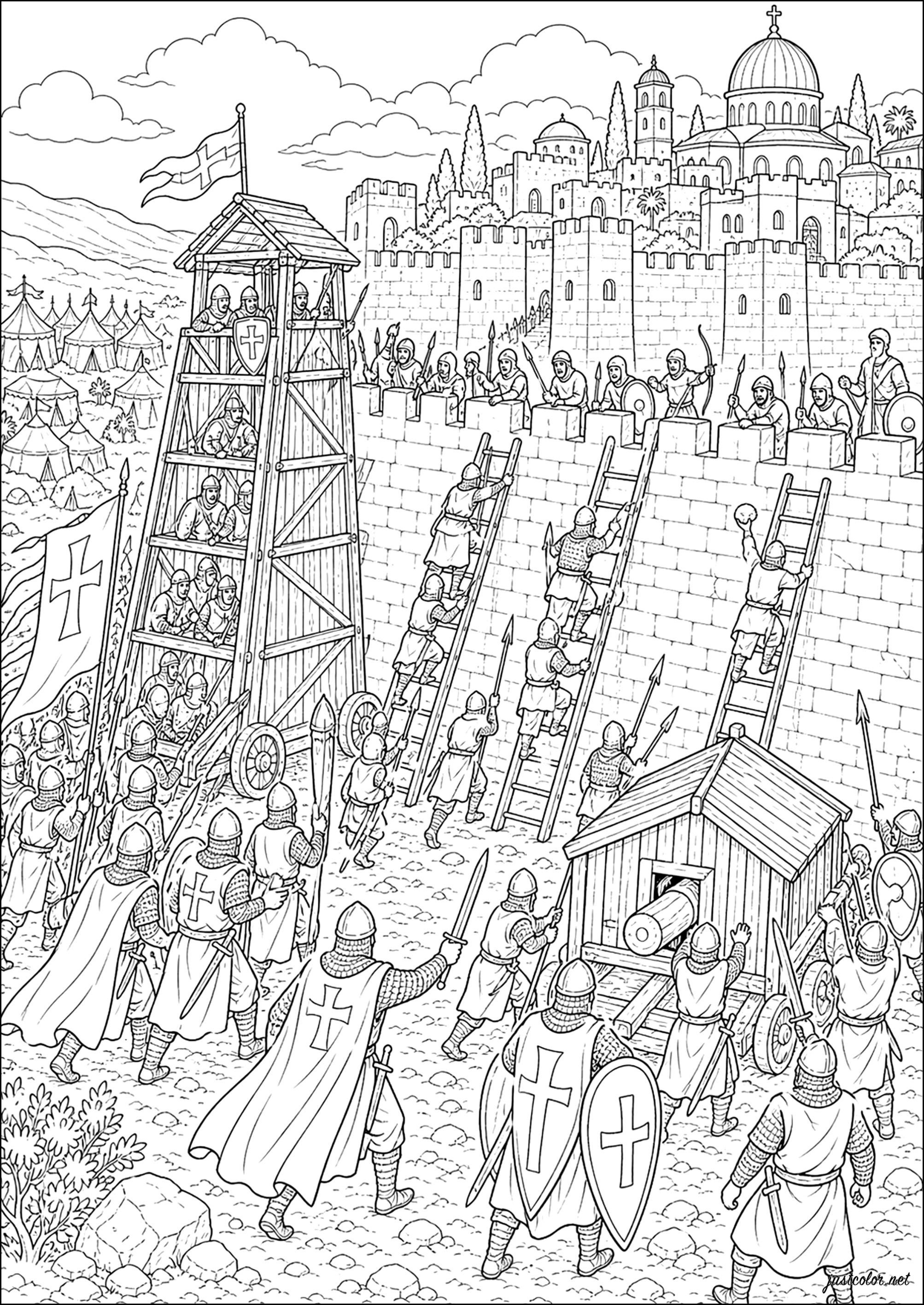 Belagerung Jerusalems durch die Kreuzfahrer (1099, 11. Jahrhundert) (Ausmalbild von Verschiedene Veranstaltungen / News zum Ausdrucken und Ausmalen für Erwachsene)