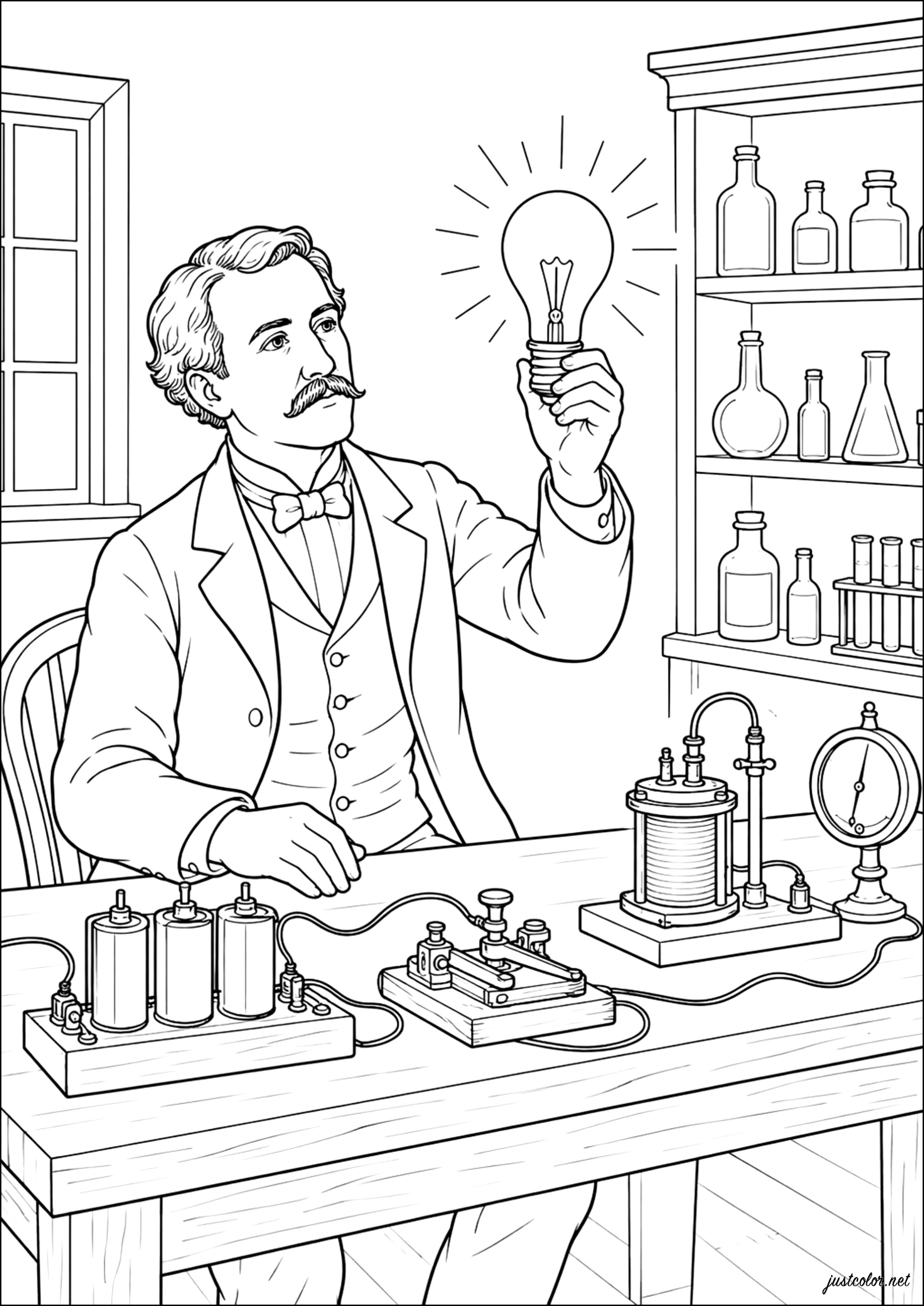 Thomas Edison und die Erfindung der elektrischen Glühbirne - 1879 (Ausmalbild von Verschiedene Veranstaltungen / News zum Ausdrucken und Ausmalen für Erwachsene)