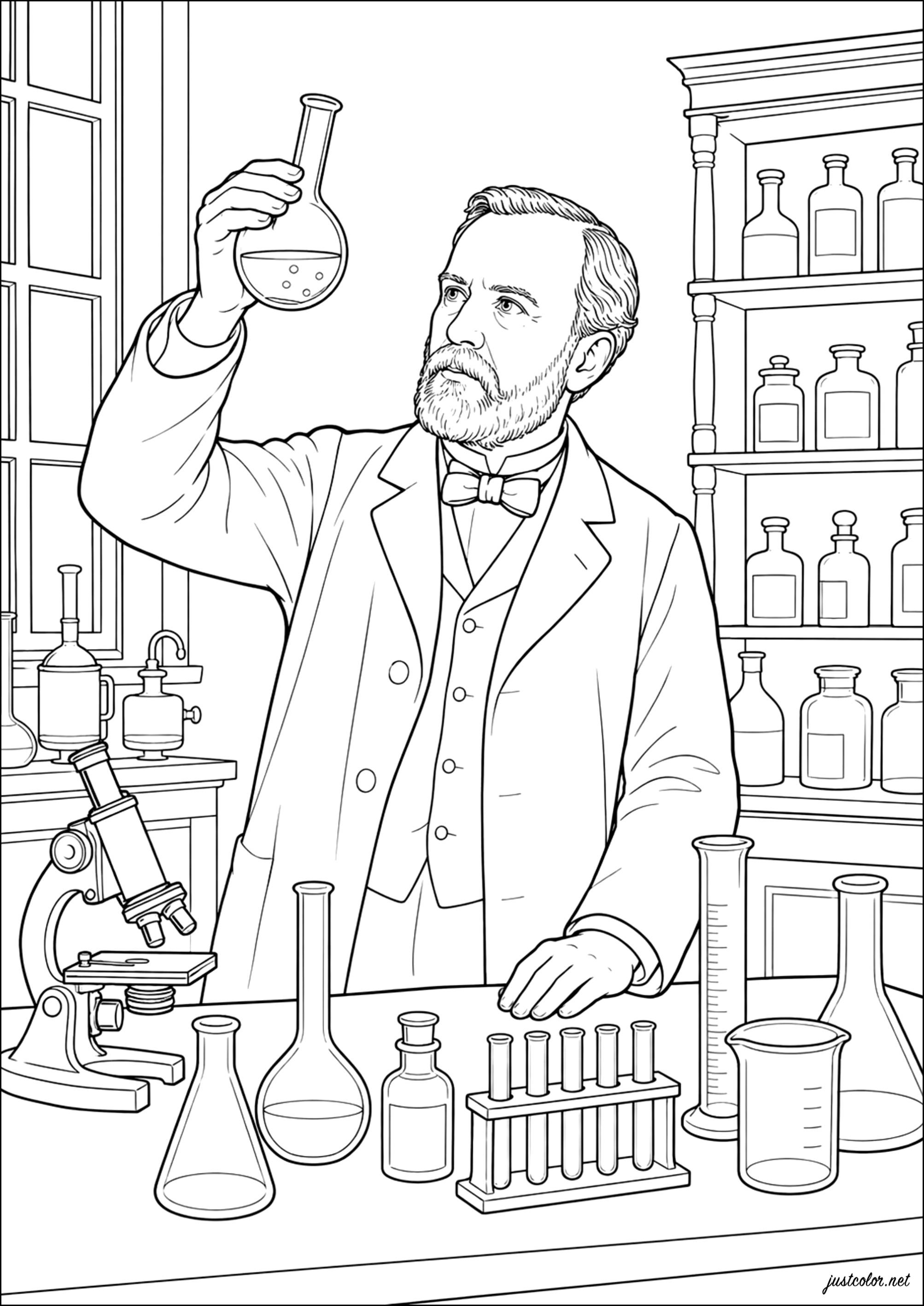 Louis Pasteur in seinem Labor - Der Vater der Mikrobiologie (Ausmalbild von Verschiedene Veranstaltungen / News zum Ausdrucken und Ausmalen für Erwachsene)