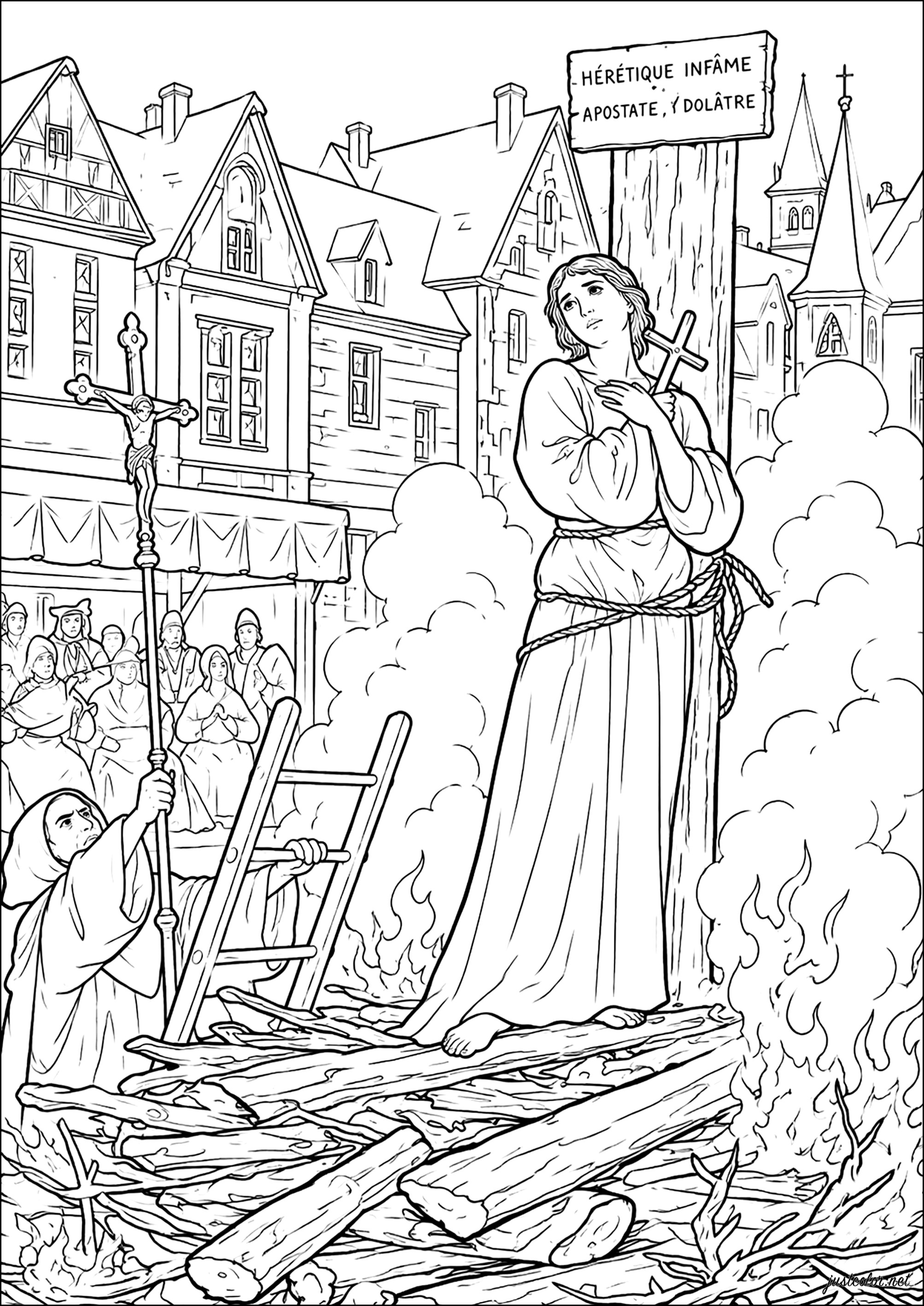 Jeanne d'Arc auf dem Scheiterhaufen - 1431 (Ausmalbild von Verschiedene Veranstaltungen / News zum Ausdrucken und Ausmalen für Erwachsene)