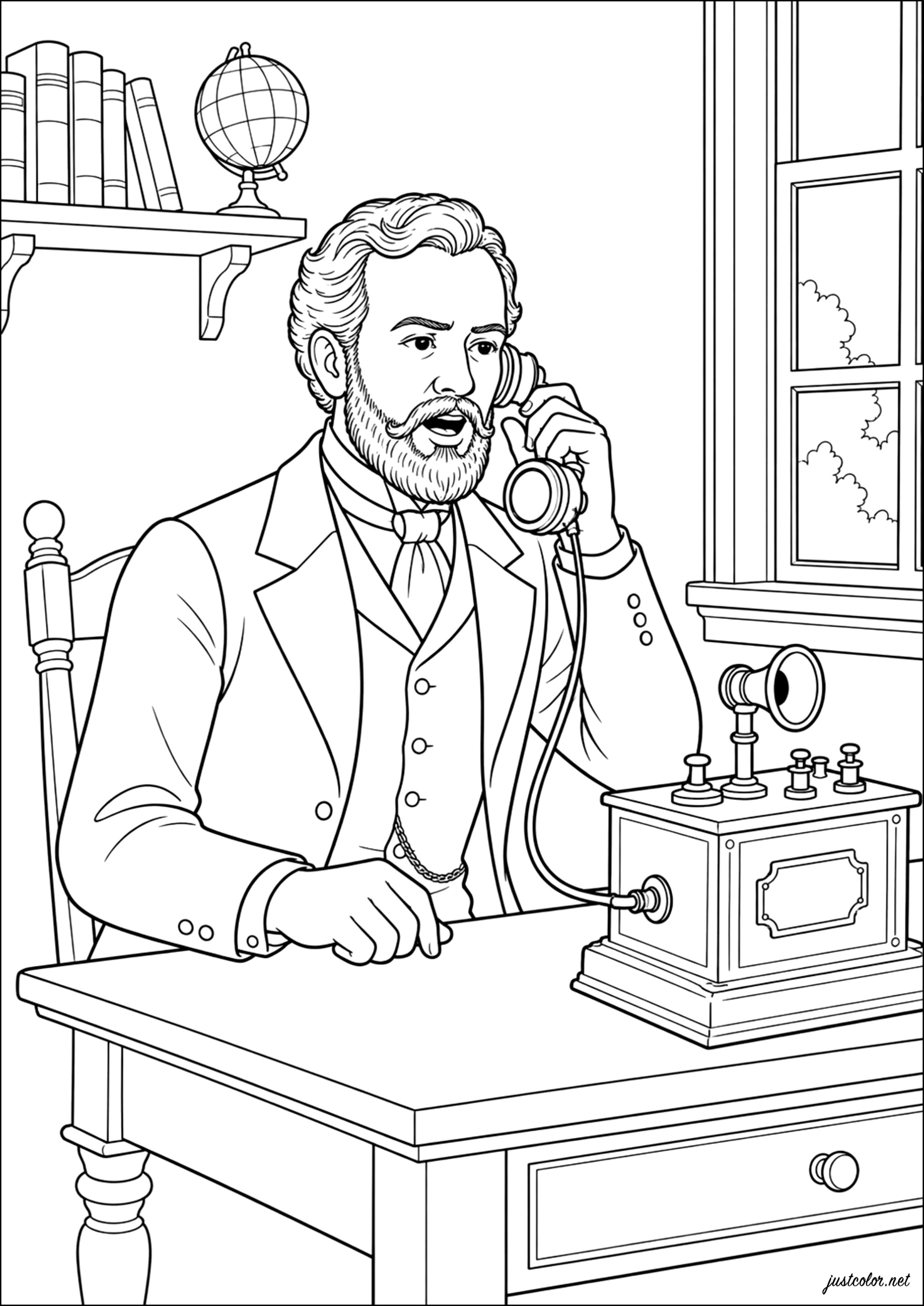 Alexander Graham Bell und die Erfindung des Telefons - 1876 (Ausmalbild von Verschiedene Veranstaltungen / News zum Ausdrucken und Ausmalen für Erwachsene)