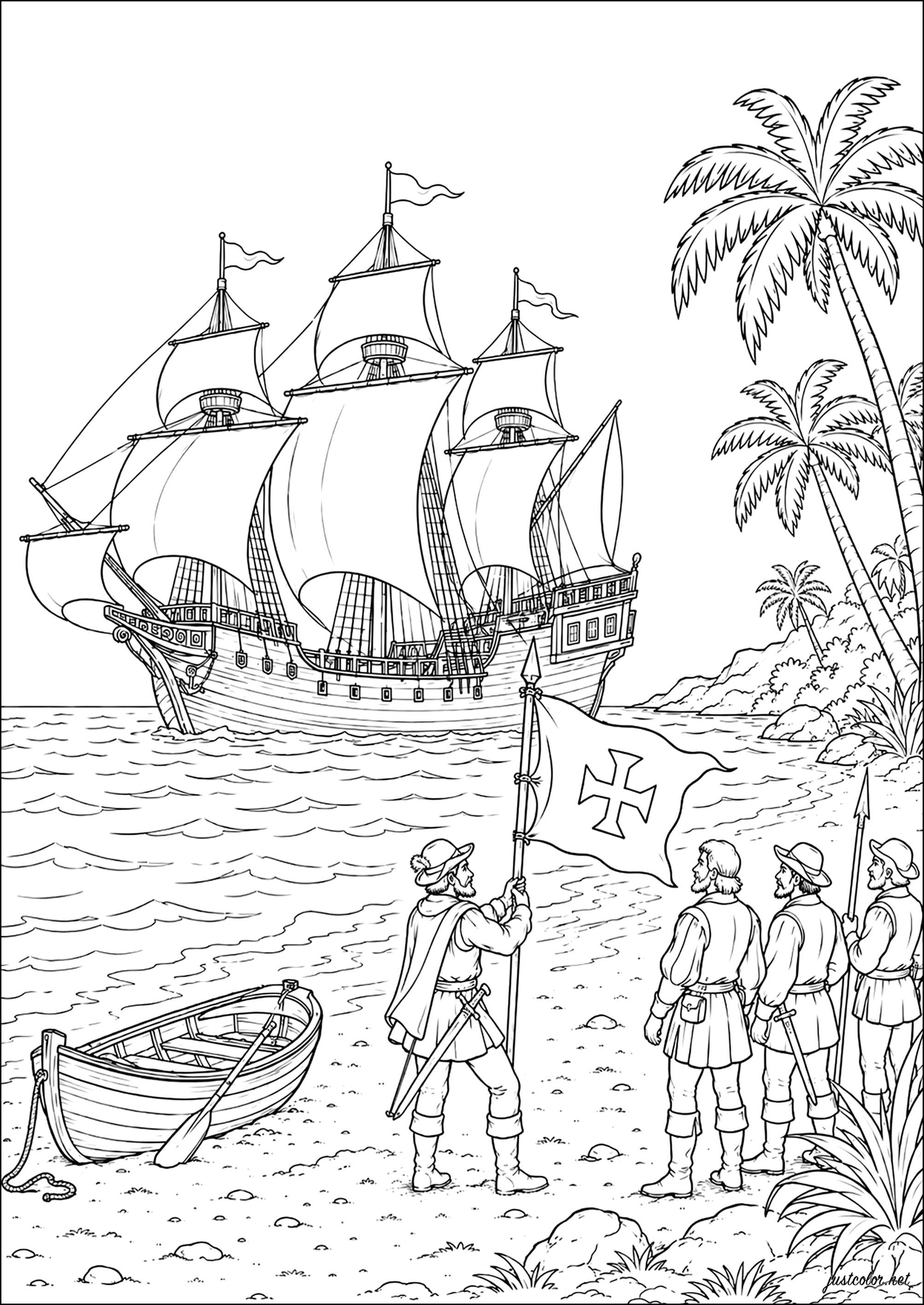 Christoph Kolumbus entdeckt Amerika - 12. Oktober - 1492 (Ausmalbild von Verschiedene Veranstaltungen / News zum Ausdrucken und Ausmalen für Erwachsene)