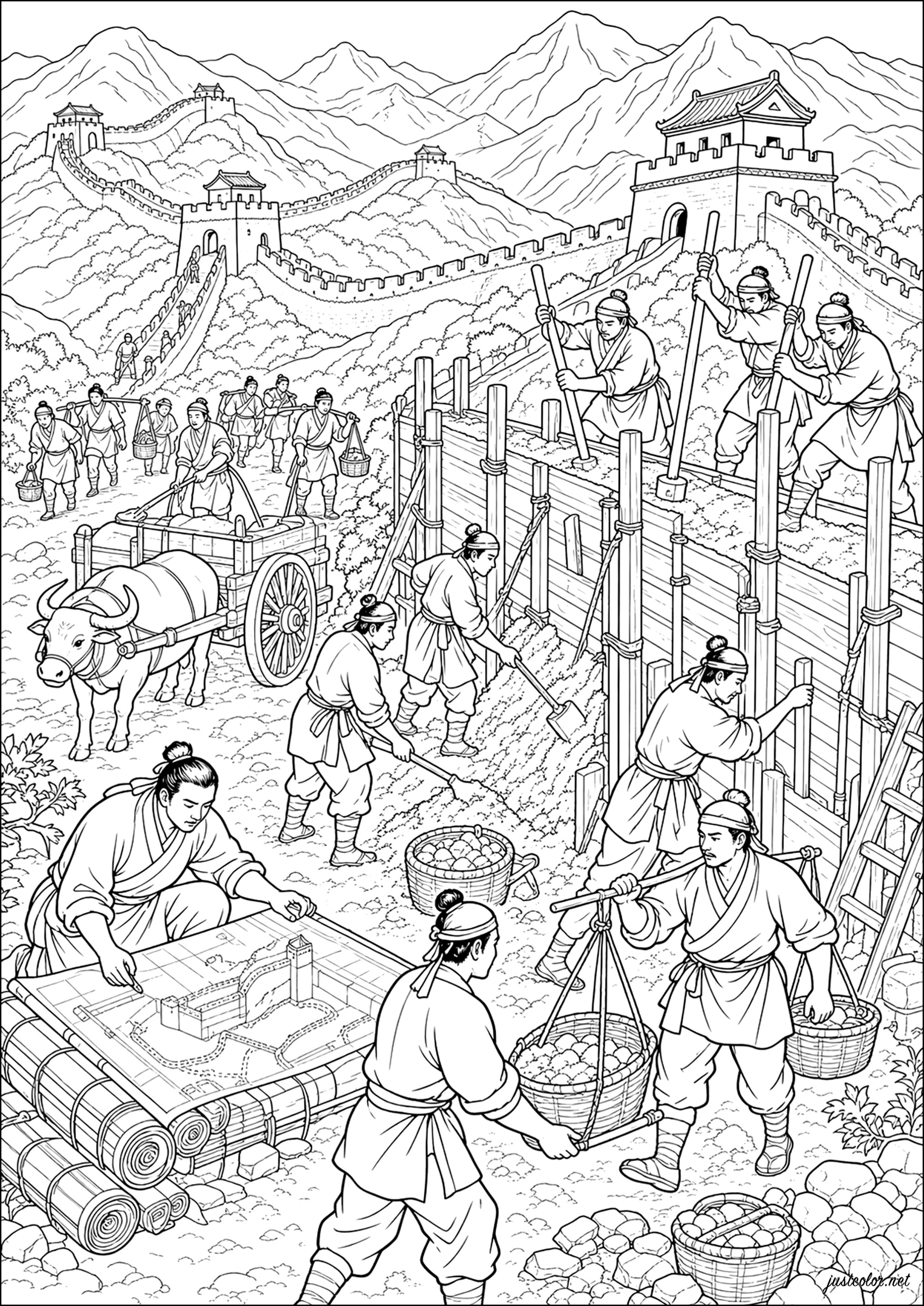 Erbauer der Großen Chinesischen Mauer (Ming-Dynastie, 14.–17. Jahrhundert) (Ausmalbild von Verschiedene Veranstaltungen / News zum Ausdrucken und Ausmalen für Erwachsene)