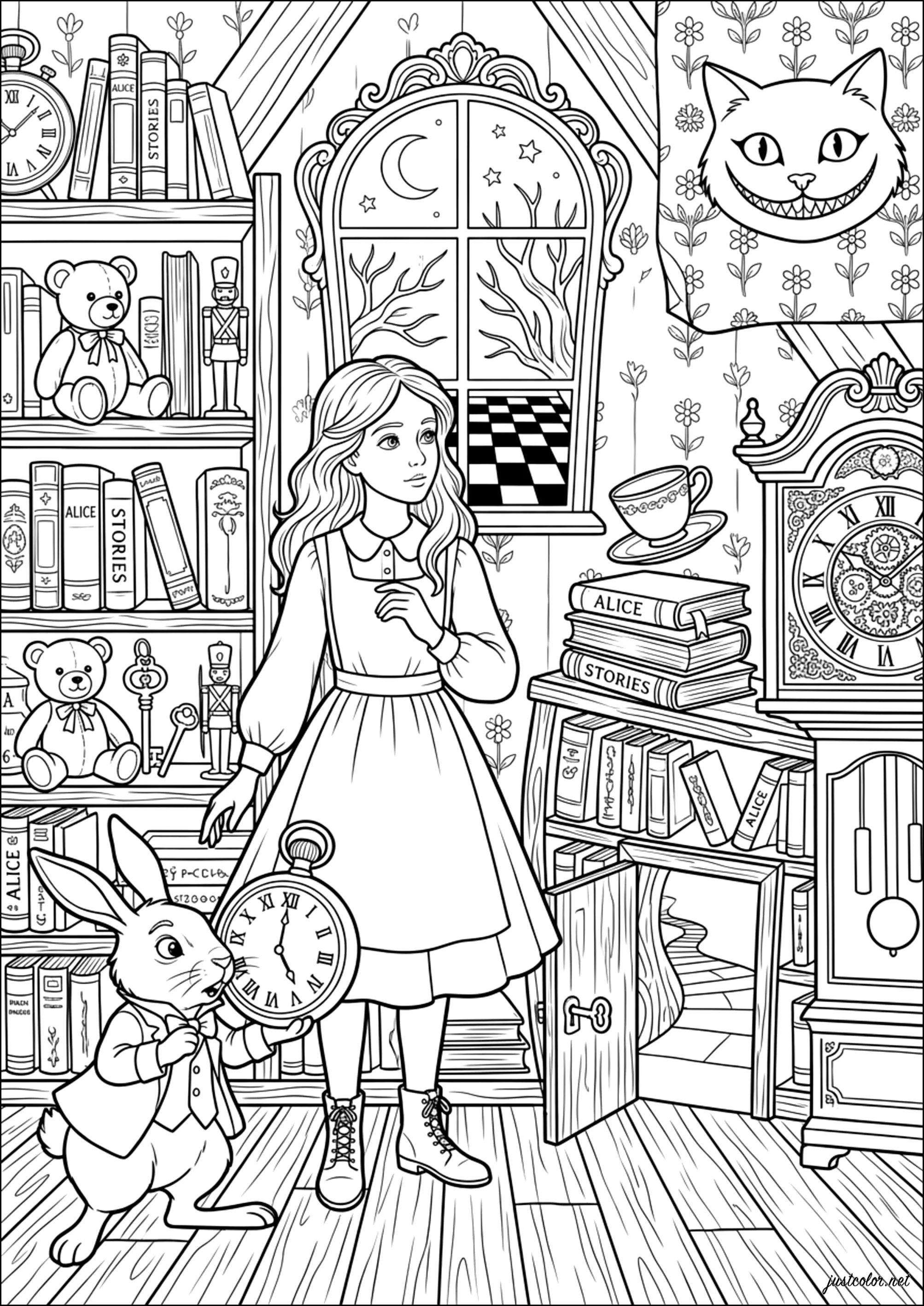 Alice im Wunderland - Der verzauberte Bau (Ausmalbild von Märchen zum Ausdrucken und Ausmalen für Erwachsene)