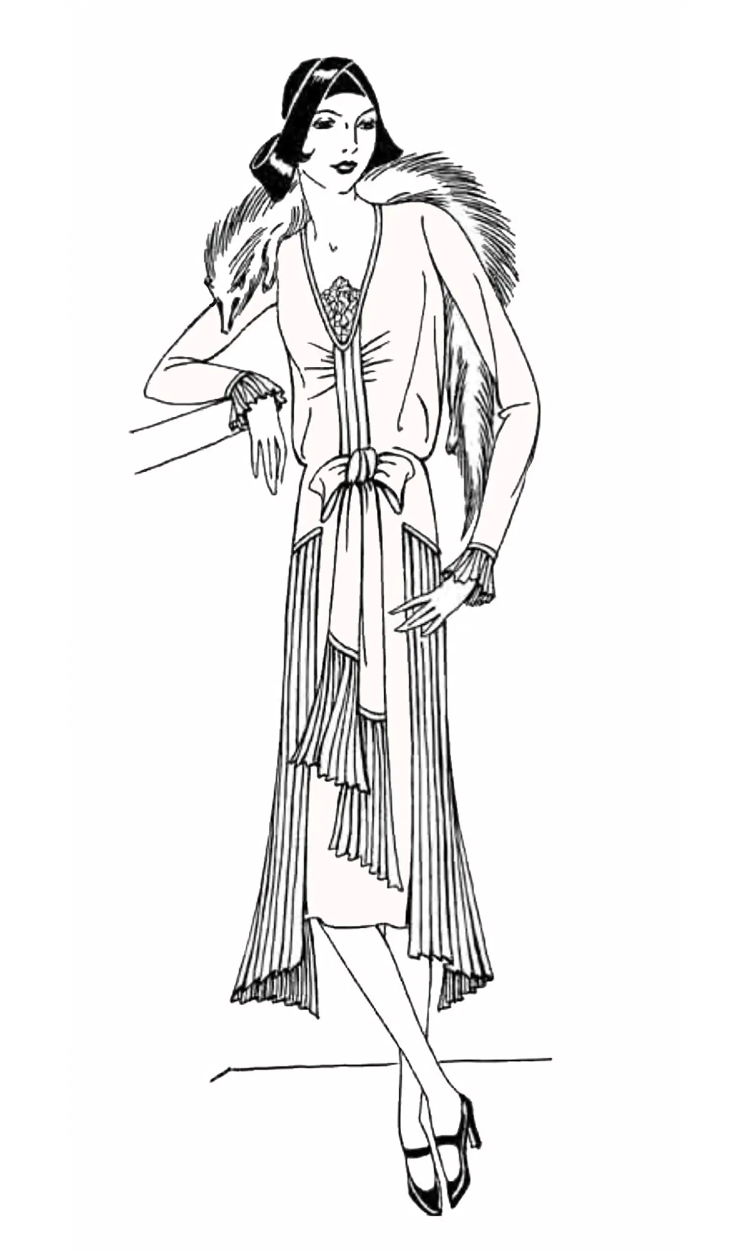 Damenkleidung aus den 1930er Jahren (Ausmalbild von Modekleidung zum Ausdrucken und Ausmalen für Erwachsene)
