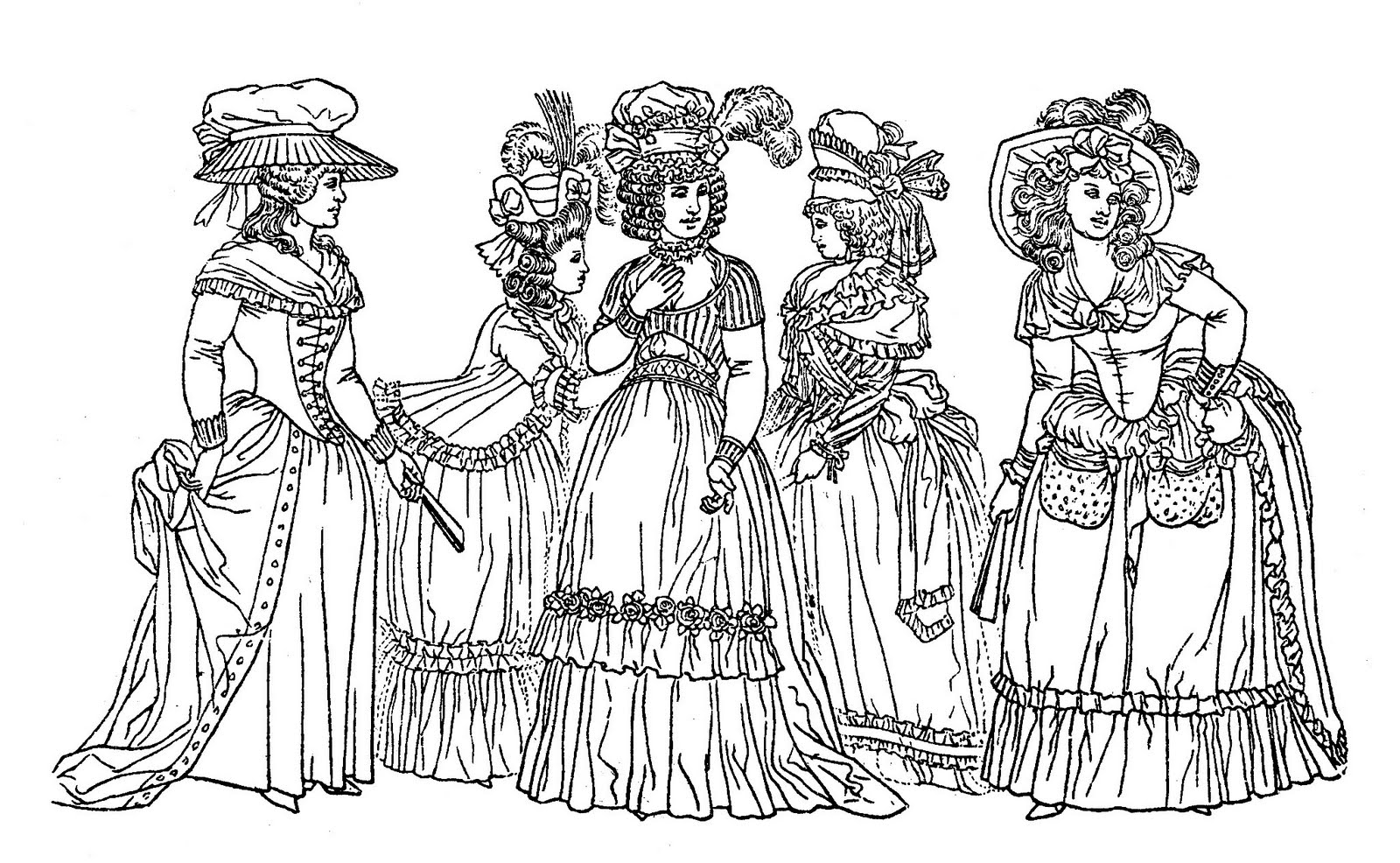 Kleidung im Frankreich des 18. Jahrhunderts (Ausmalbild von Modekleidung zum Ausdrucken und Ausmalen für Erwachsene)