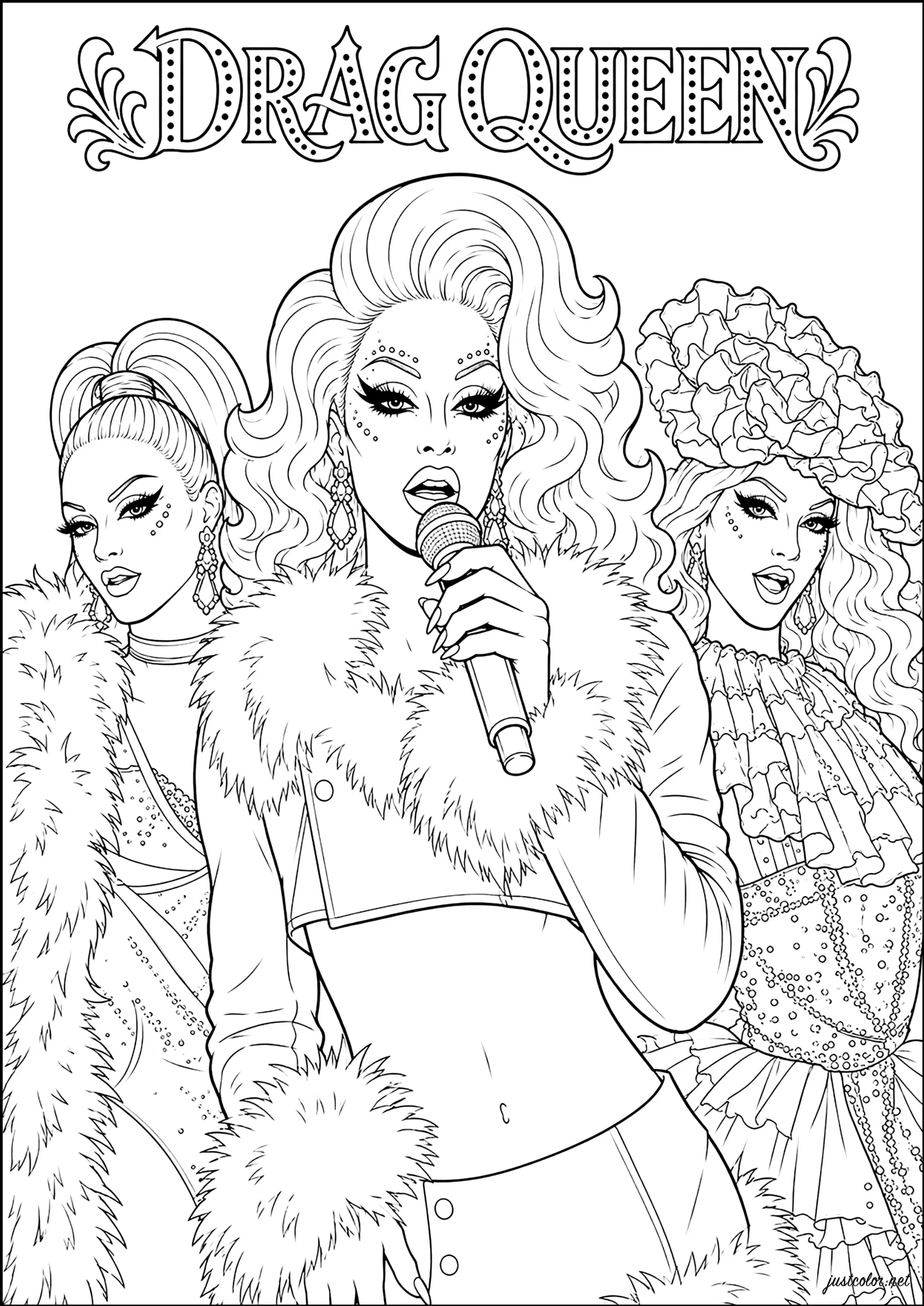 Drei Dragqueens in eleganten Outfits (Ausmalbild von Modekleidung zum Ausdrucken und Ausmalen für Erwachsene)