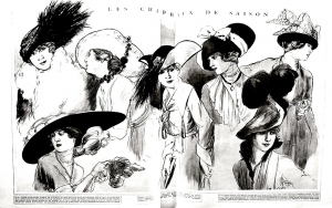 1915 Modeskizze mit Damenhüten (Ausmalbild von Modekleidung)