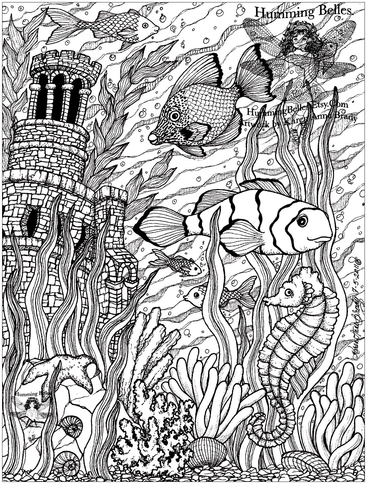 Bepflanztes Aquarium mit Zierfischen (Ausmalbild von Fische zum Ausdrucken und Ausmalen für Erwachsene)