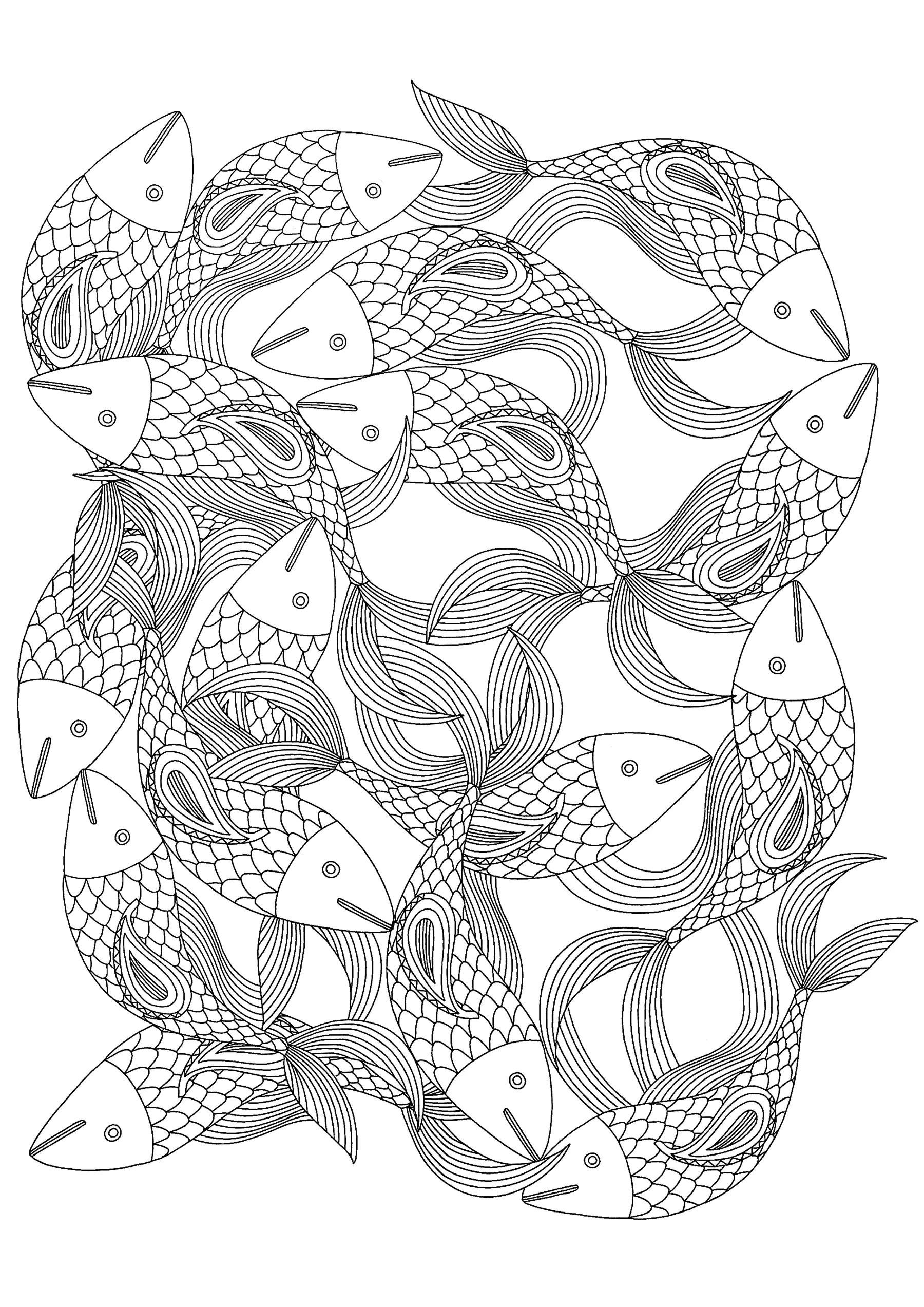 Ineinander verschlungene Fische (Ausmalbild zum Ausdrucken und Ausmalen für Erwachsene)