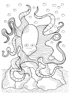 Lustiger Oktopus auf seinem Unterwasserfelsen (Ausmalbild von Fische)
