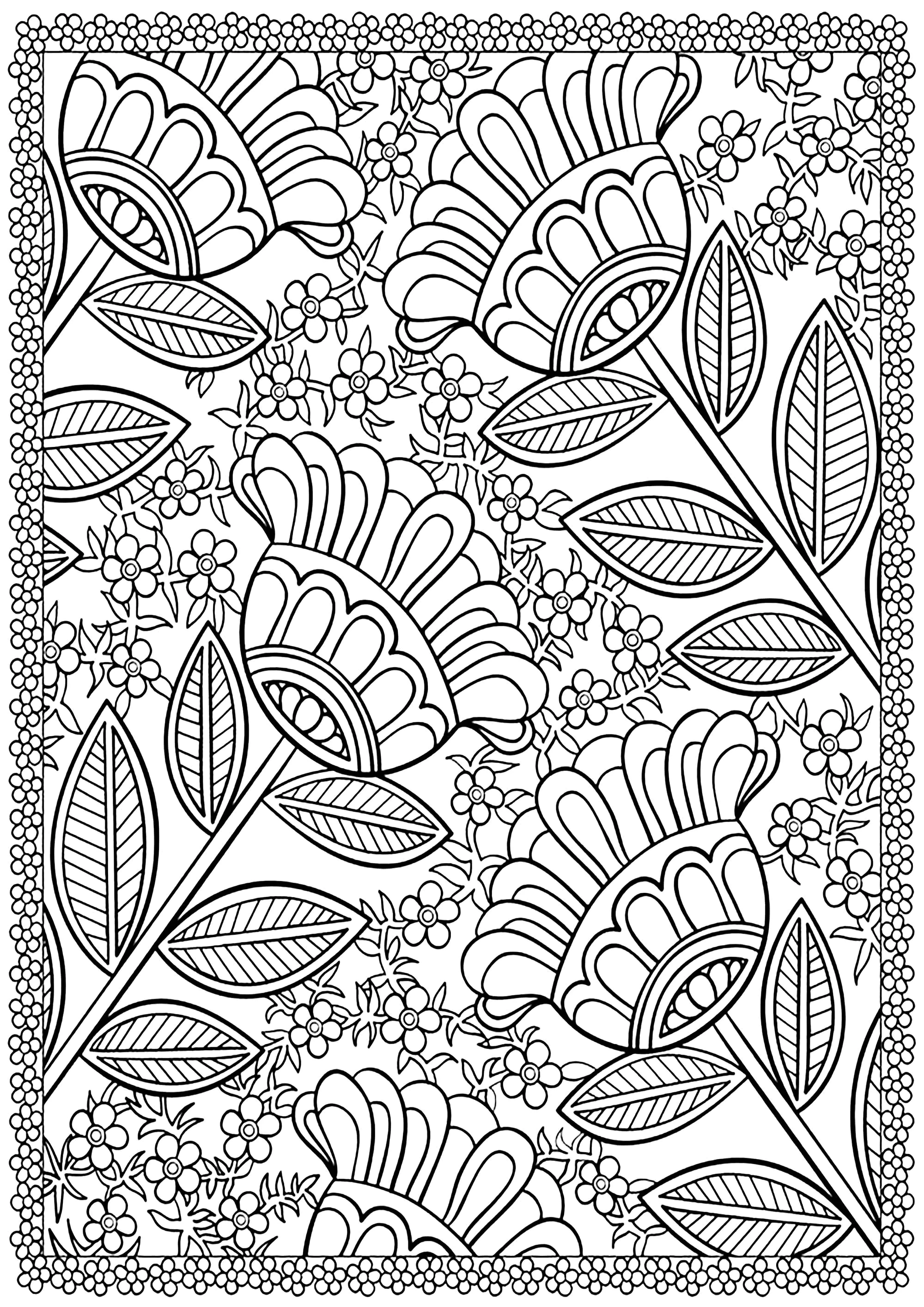 Vier große Blumen (Ausmalbild von Blumen & Vegetation zum Ausdrucken und Ausmalen für Erwachsene)