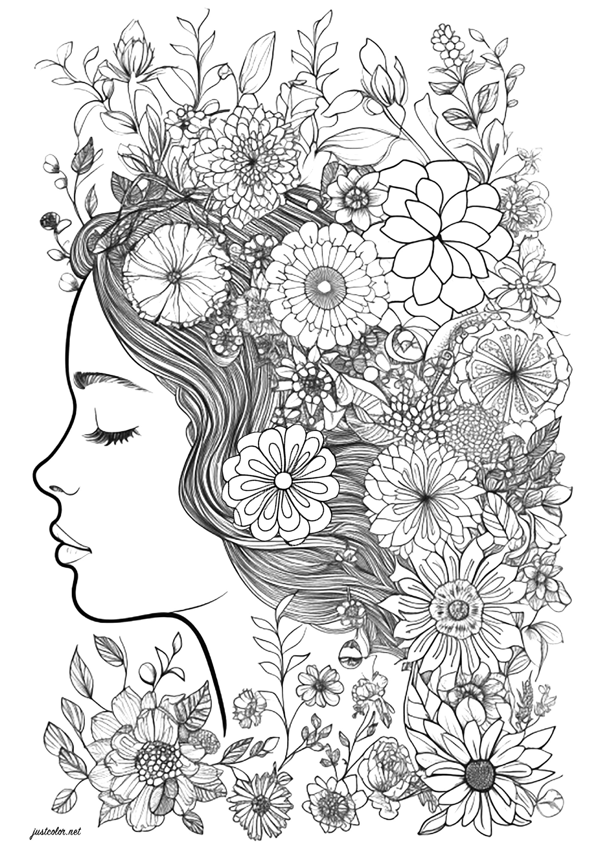 Gesicht einer Frau mit geschlossenen Augen, umgeben von Blumen. Hervorragende Kolorierung eines Frauengesichts im Profil, dessen Haar mit schönen Blumen gefüllt ist