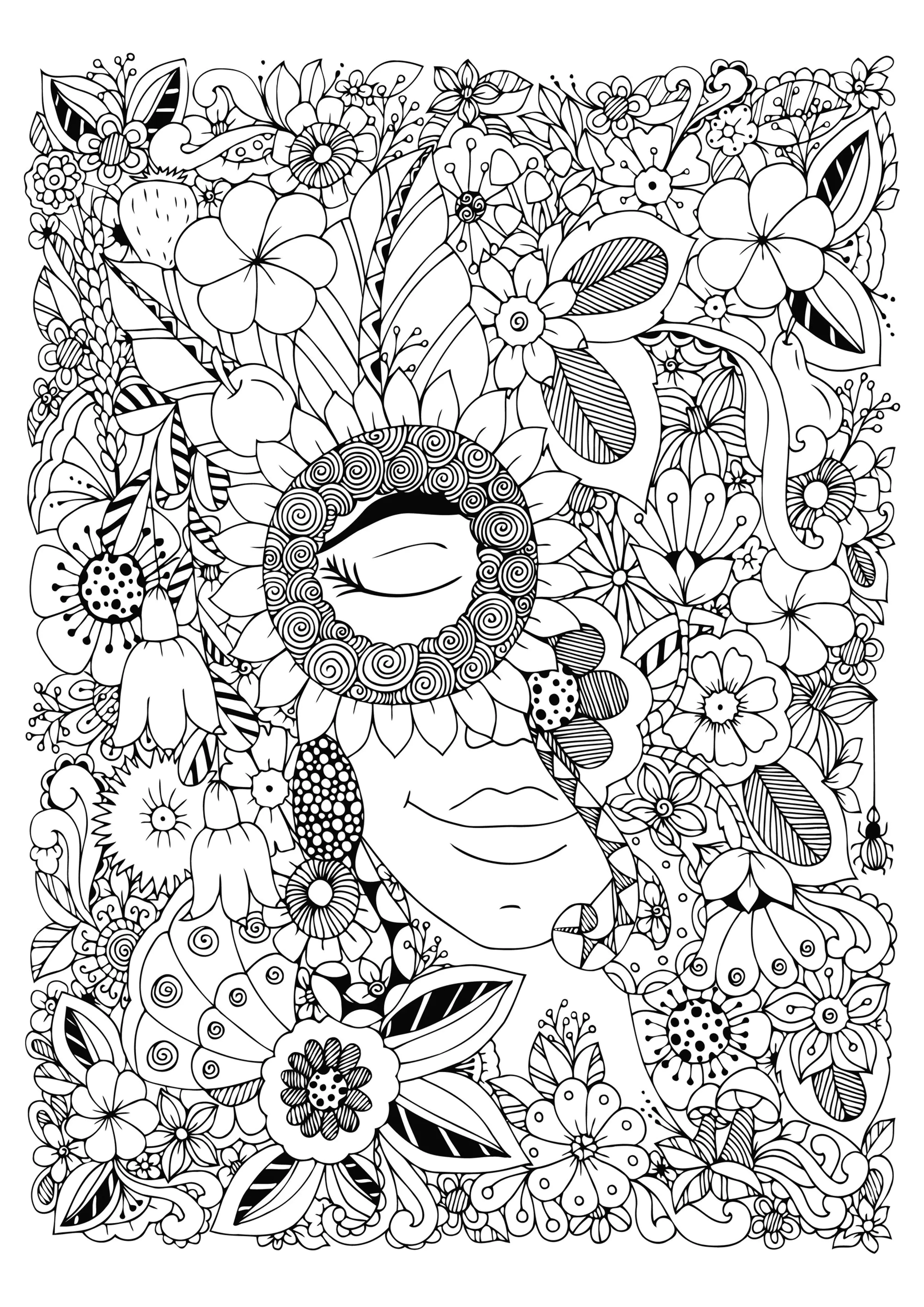 In Blumen versteckte Frau (Ausmalbild von Blumen & Vegetation zum Ausdrucken und Ausmalen für Erwachsene)