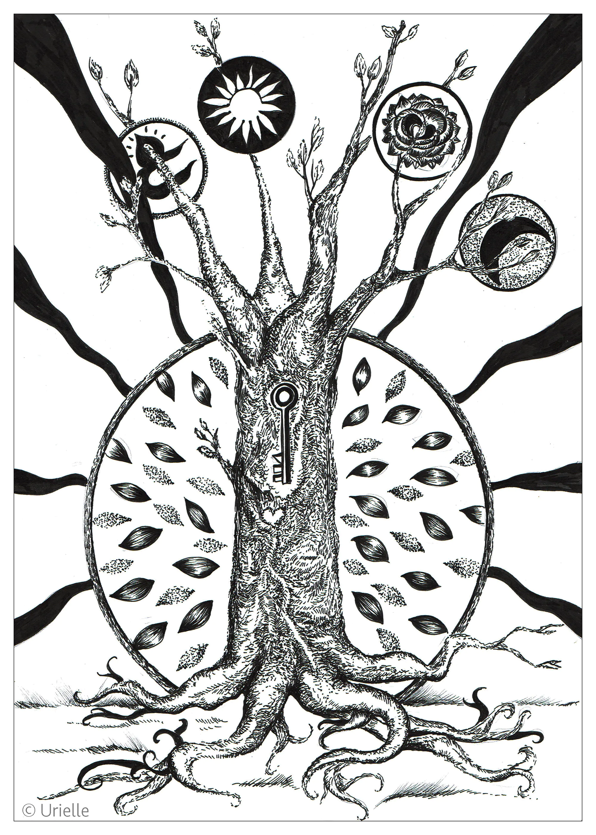 Der Schlüssel zum Baum (Ausmalbild von Blumen & Vegetation zum Ausdrucken und Ausmalen für Erwachsene)