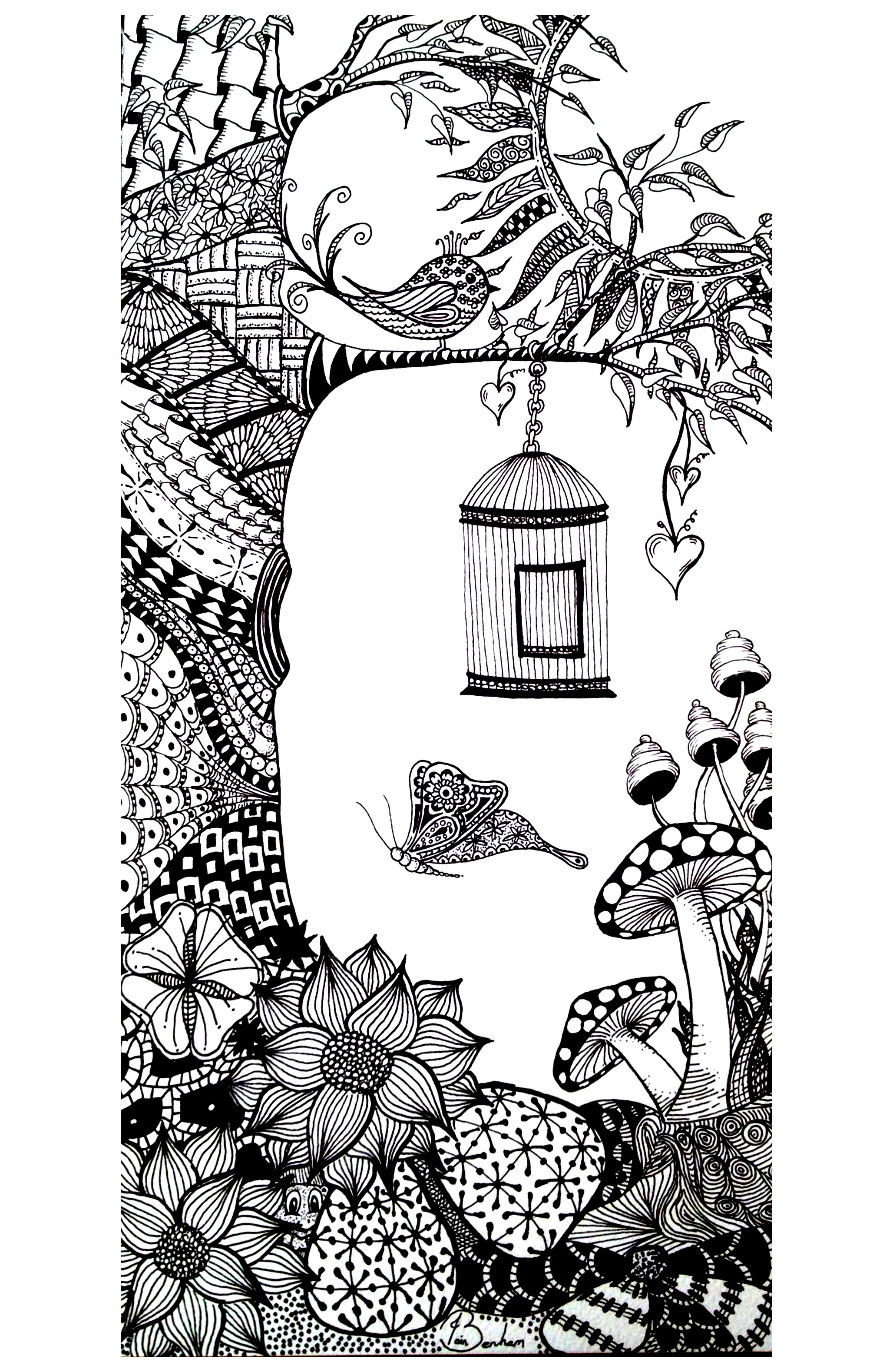 Zeichnung zum Ausmalen mit einem Baum, einem Vogel, Schmetterlingen ... Bunte Zentangle-Muster