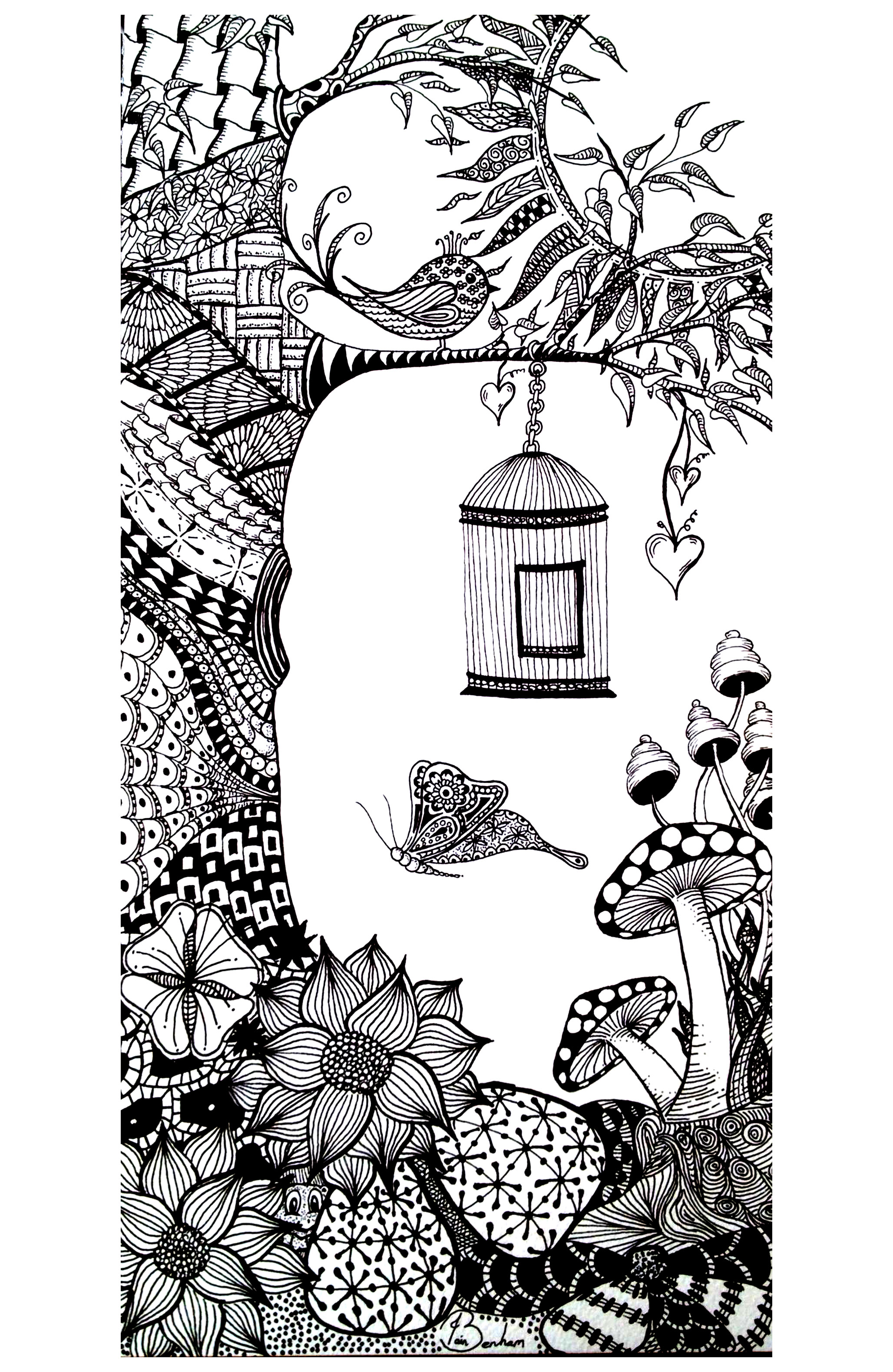Schmetterlinge, Vögel und Pilze (Ausmalbild von Blumen & Vegetation zum Ausdrucken und Ausmalen für Erwachsene)