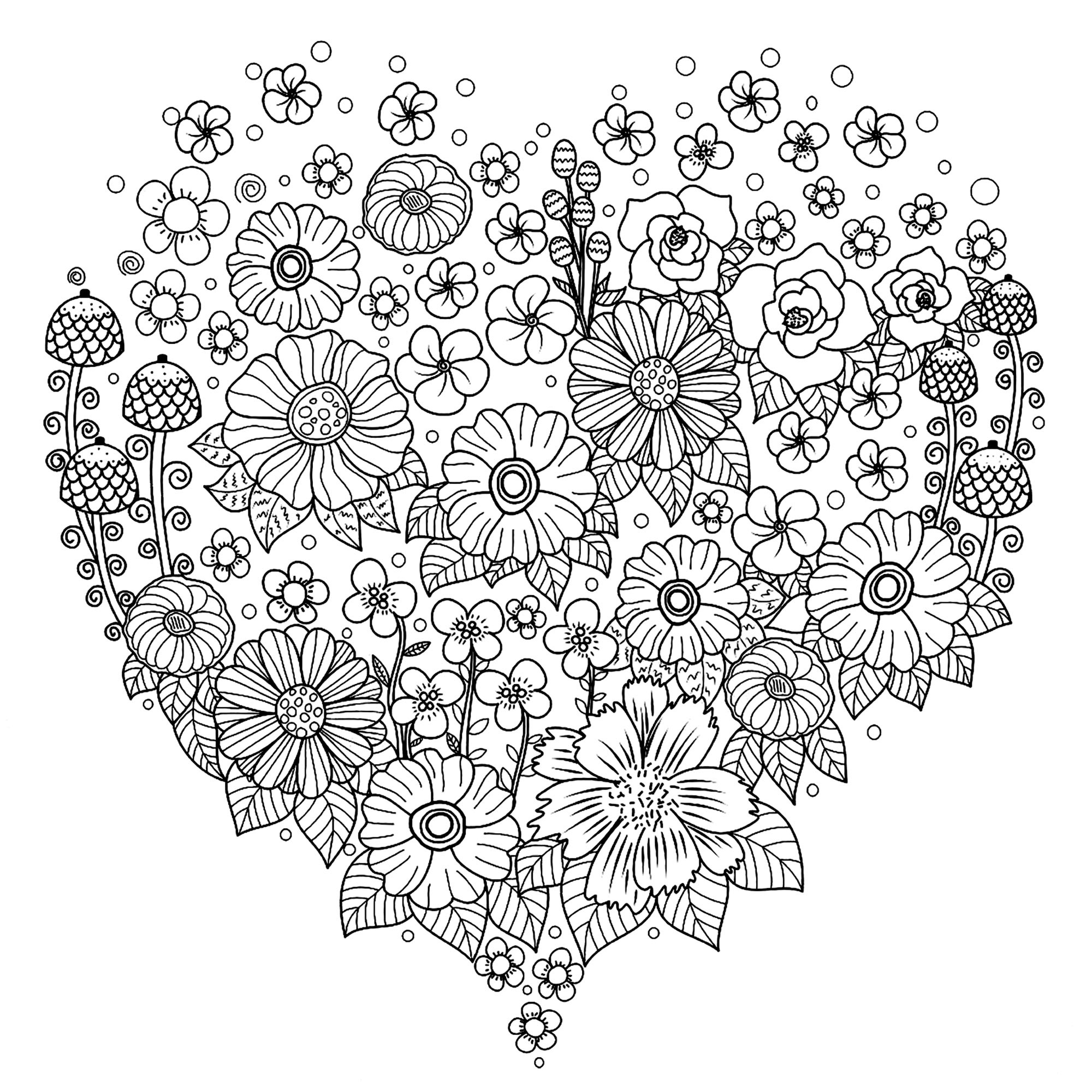 Herz mit Blumen (Ausmalbild von Blumen & Vegetation zum Ausdrucken und Ausmalen für Erwachsene)