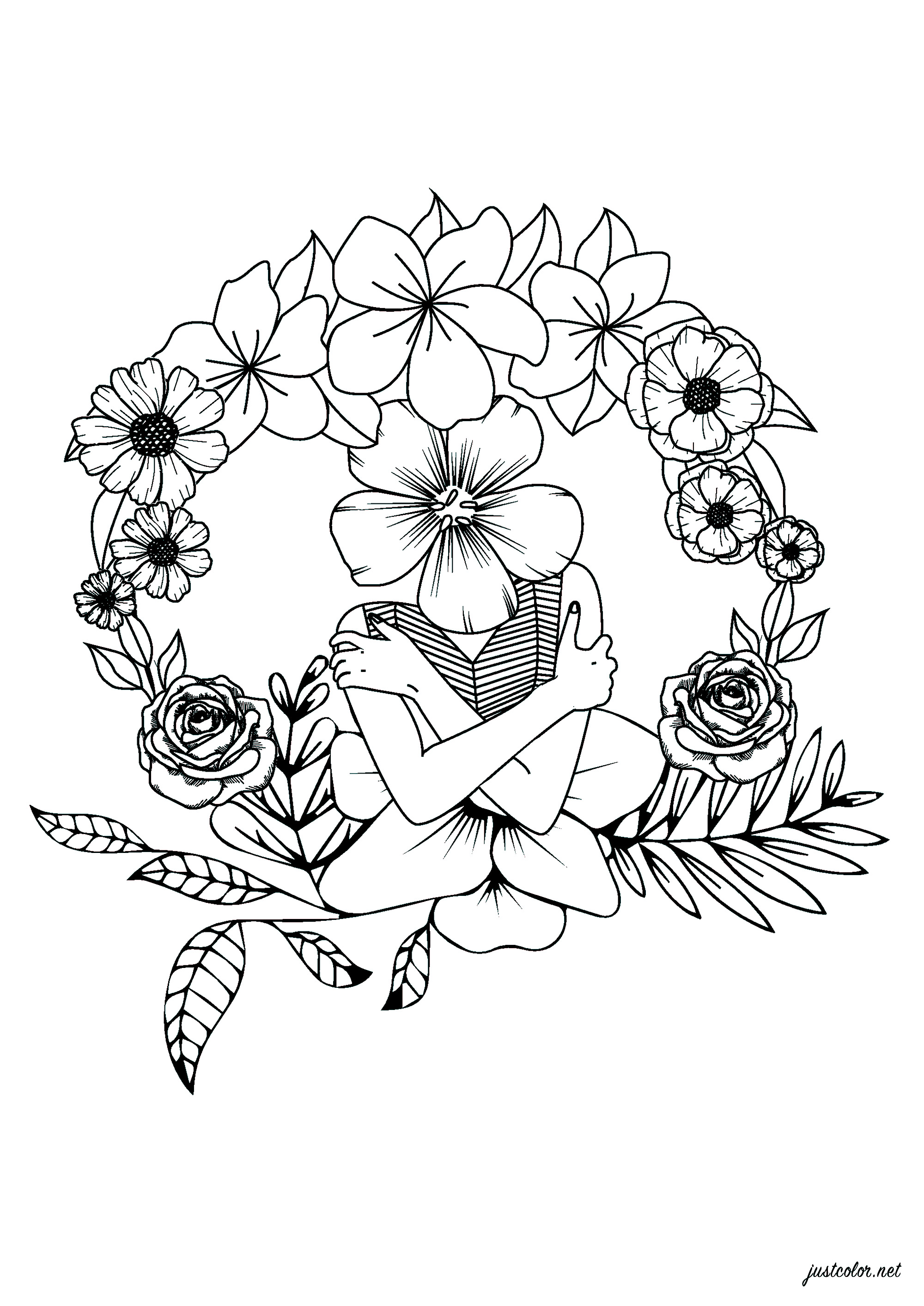 Ausmalbild einer Frau mit einem Blumenkopf, umgeben von einer sehr eleganten Blumenkrone