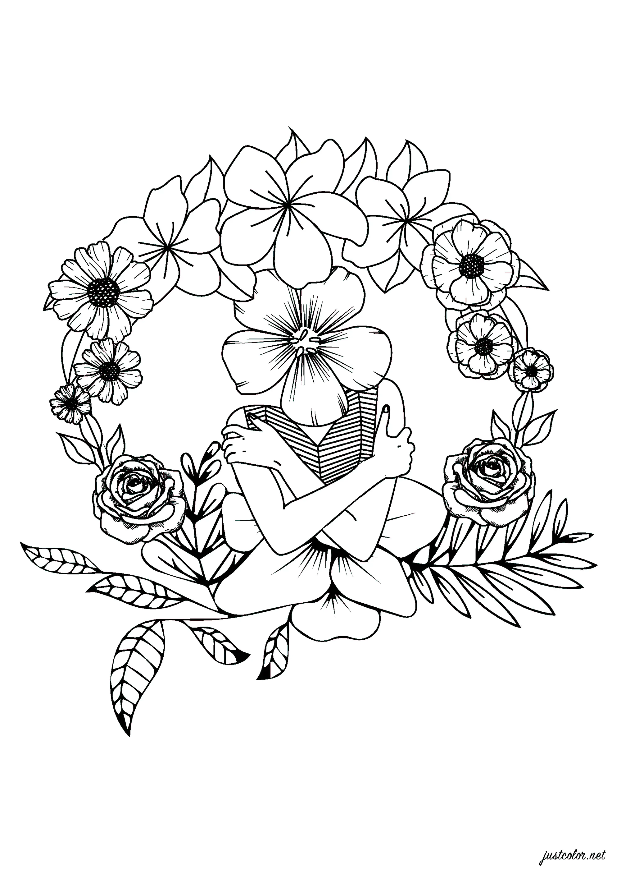 Blumenkopf Frau (Ausmalbild von Blumen & Vegetation zum Ausdrucken und Ausmalen für Erwachsene)