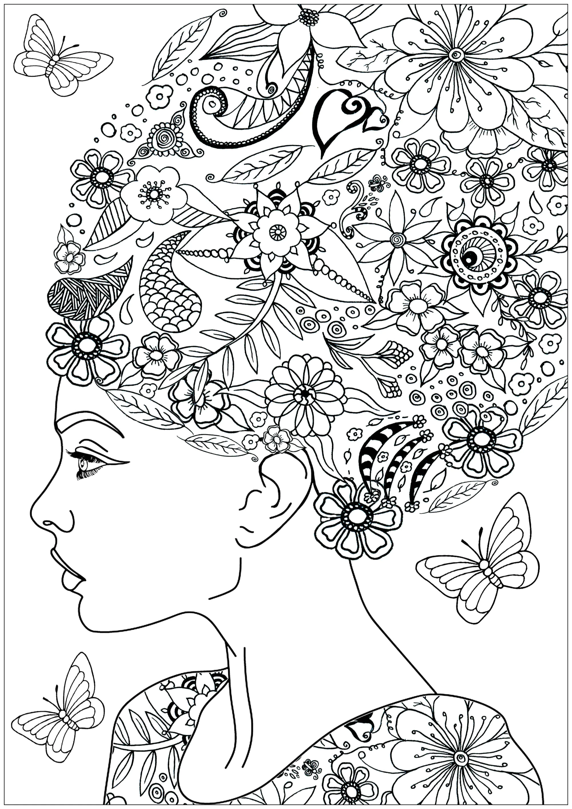 Frau mit blumigem Haar (Ausmalbild von Blumen & Vegetation zum Ausdrucken und Ausmalen für Erwachsene)
