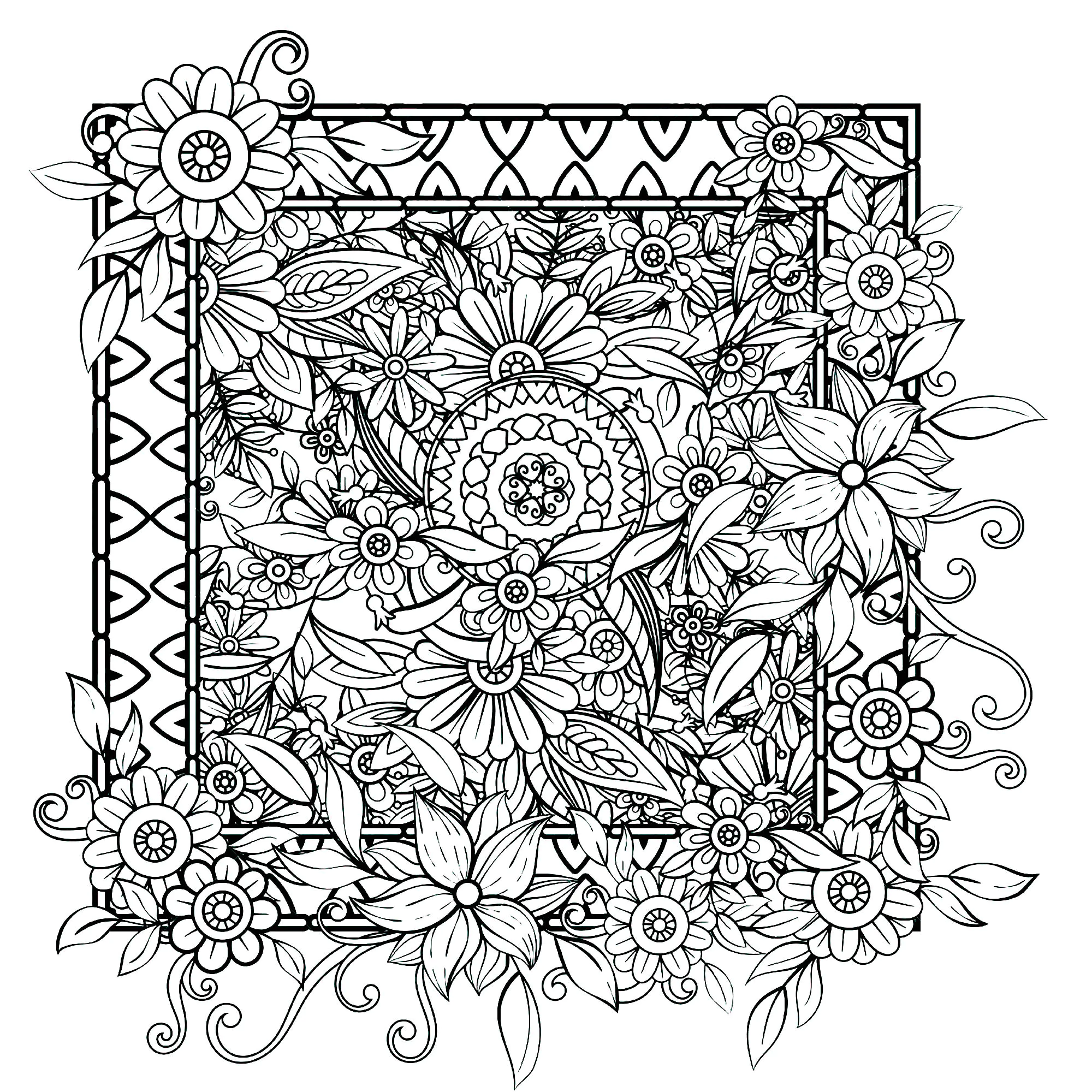 Blumen, die aus dem Rahmen fallen (Ausmalbild von Blumen & Vegetation zum Ausdrucken und Ausmalen für Erwachsene)