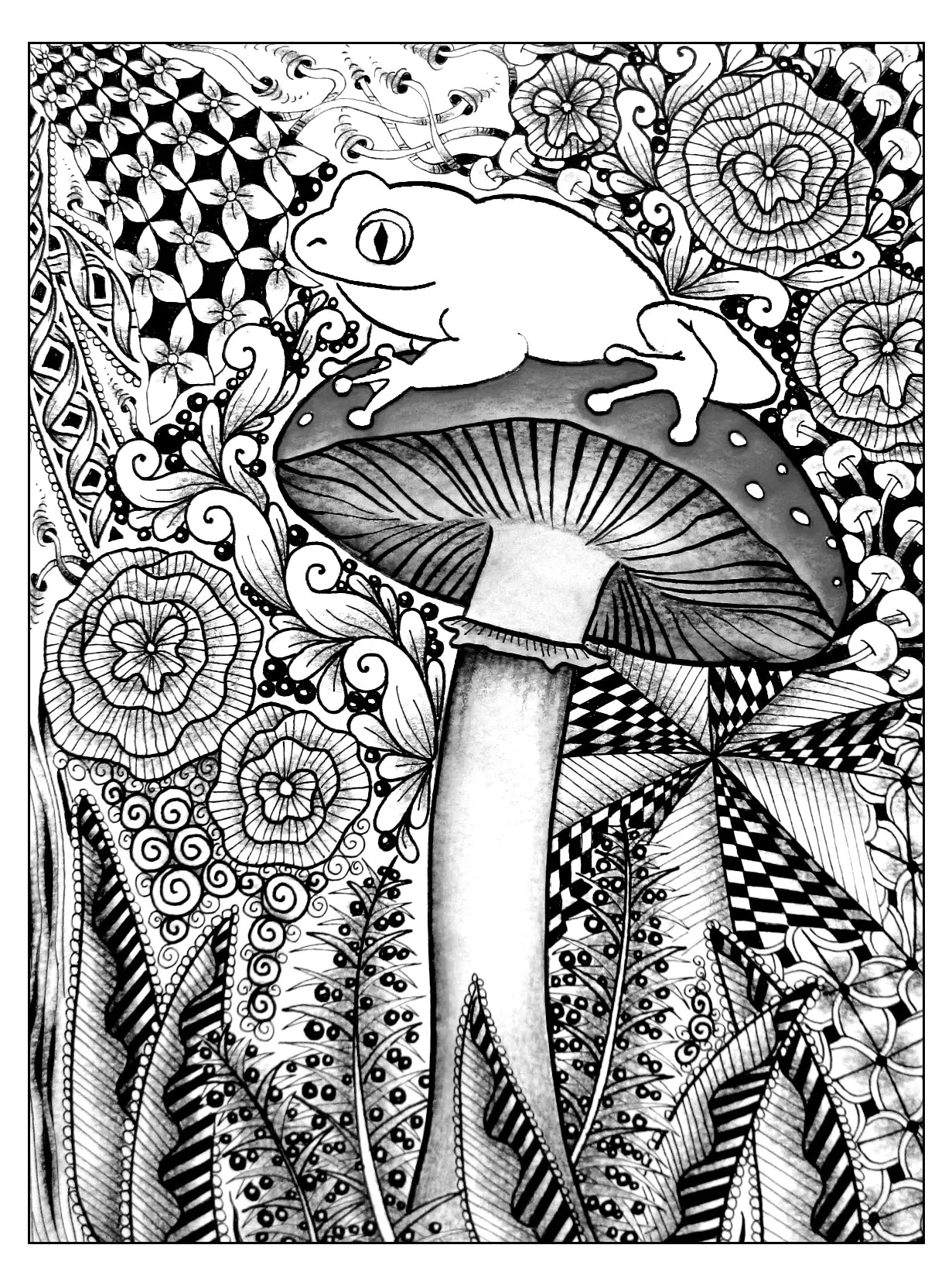 Frosch auf einem Pilz (Ausmalbild von Blumen & Vegetation zum Ausdrucken und Ausmalen für Erwachsene)