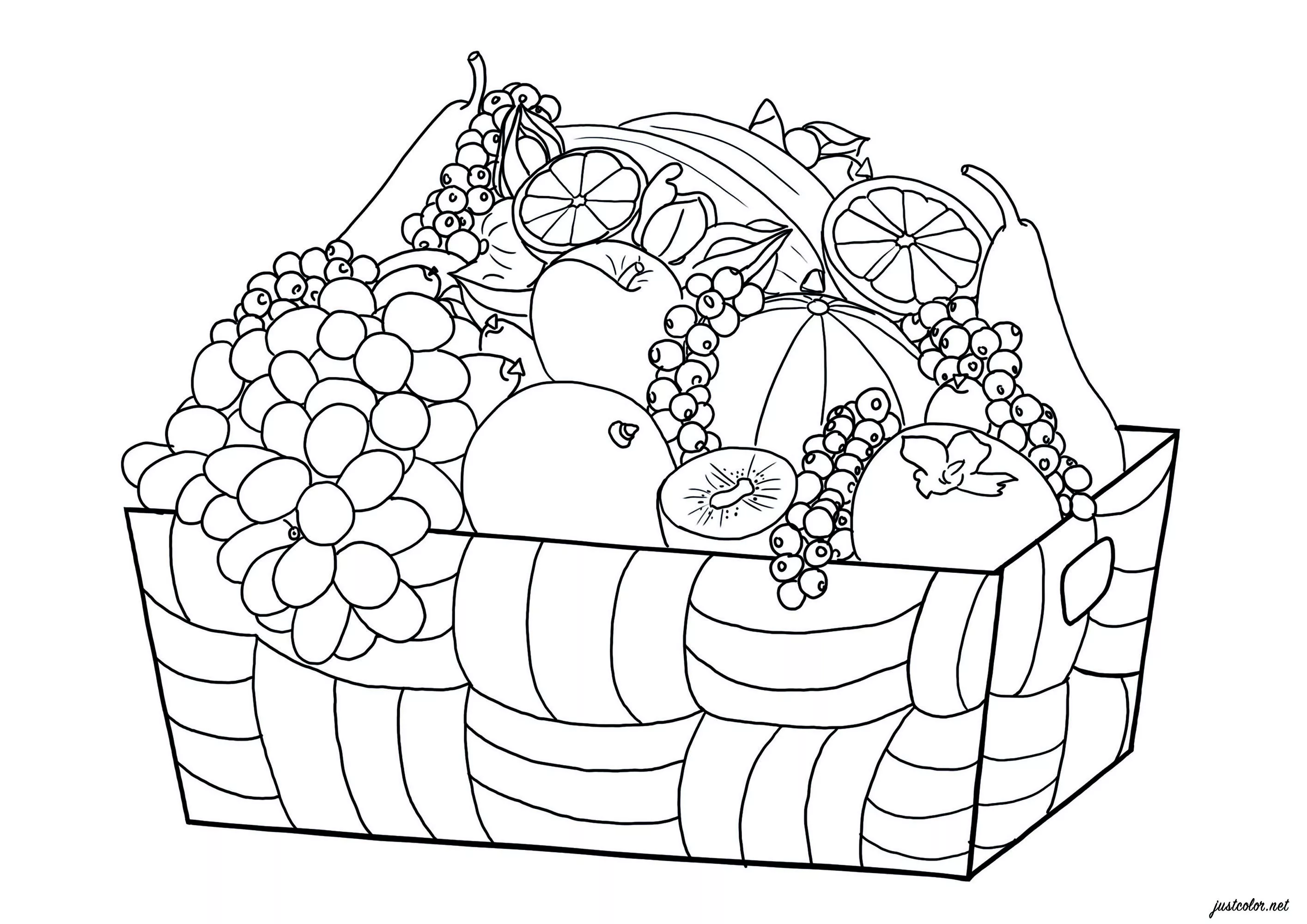 Korb mit Früchten (Ausmalbild von Blumen & Vegetation zum Ausdrucken und Ausmalen für Erwachsene)