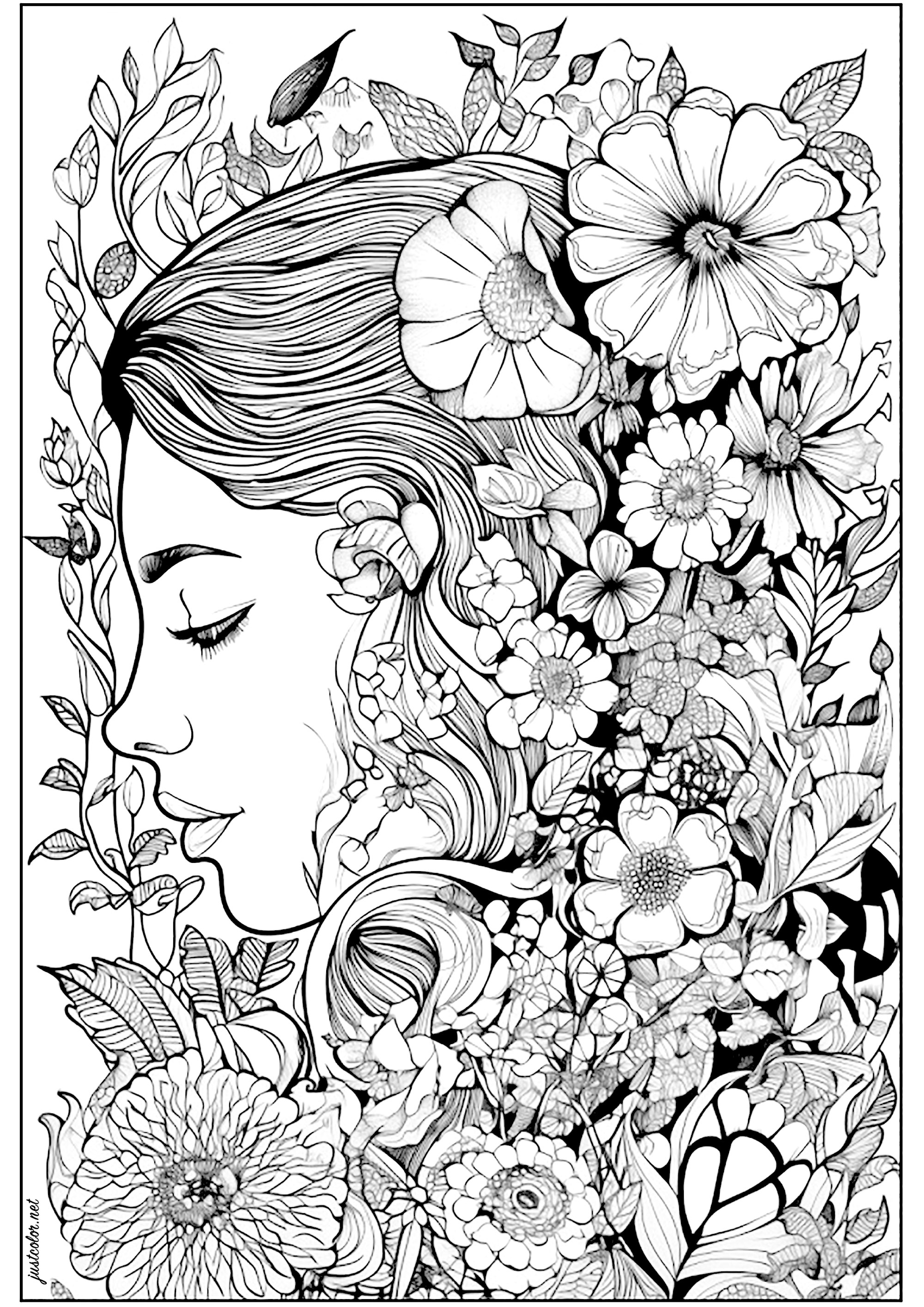 Gesicht einer nachdenklichen Frau, umgeben von Blumen. Frau umgeben von schönen und vielfältigen Blumen