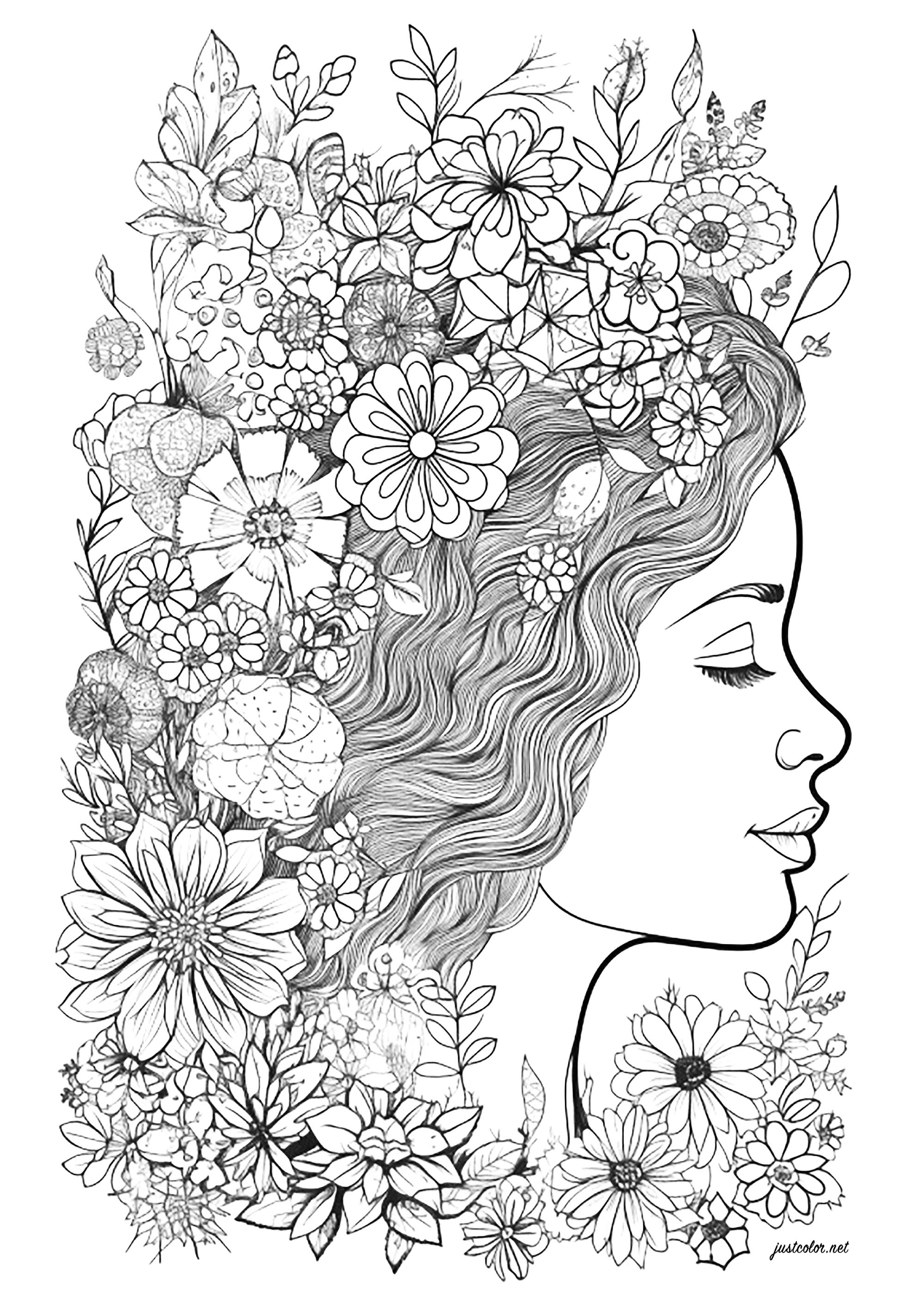 Gesicht einer Frau im Profil, umgeben von Blumen. Färbe all diese schönen Blumen im Haar dieser Frau