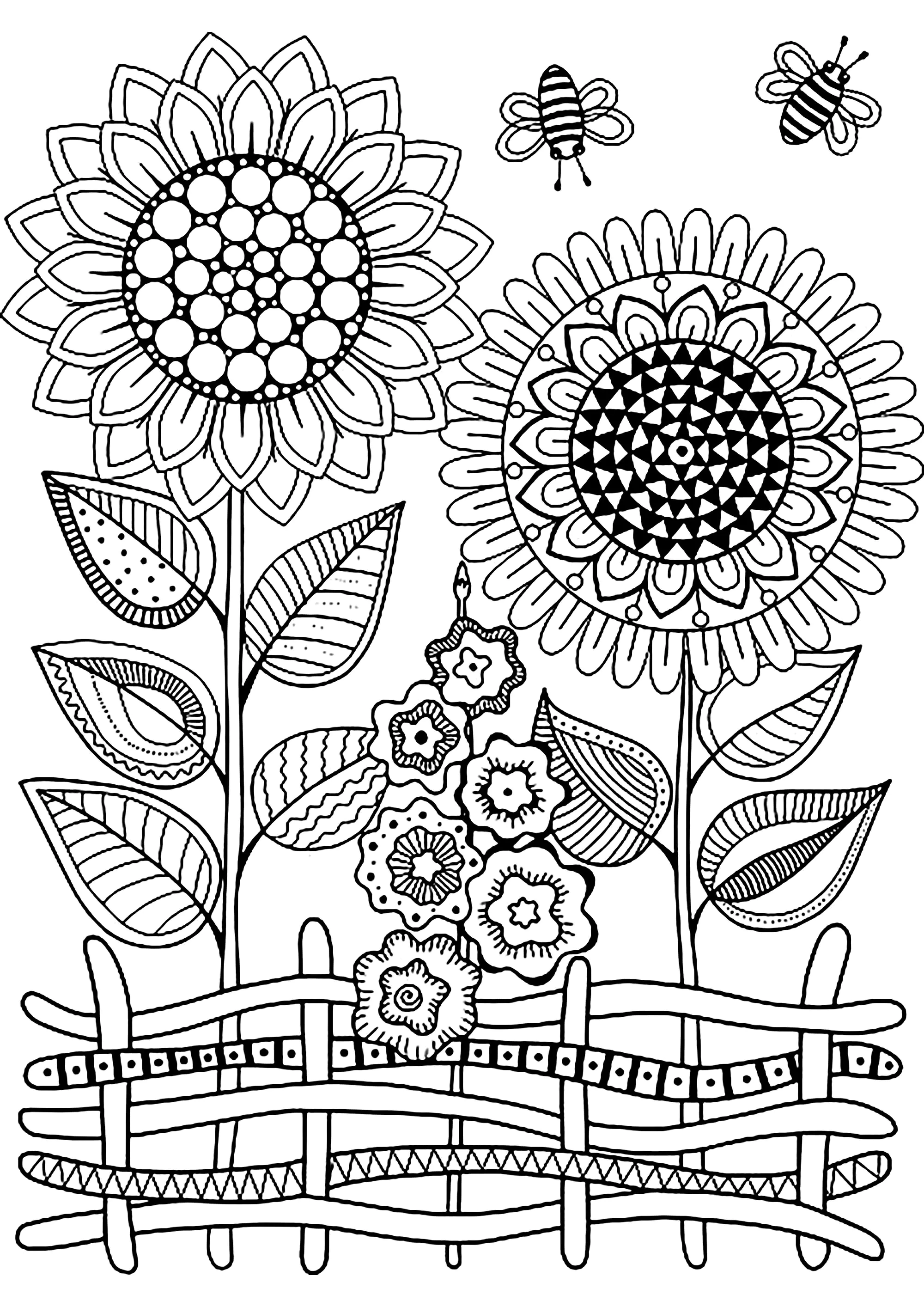 Zwei große Blumen und Bienen (Ausmalbild von Blumen & Vegetation zum Ausdrucken und Ausmalen für Erwachsene)