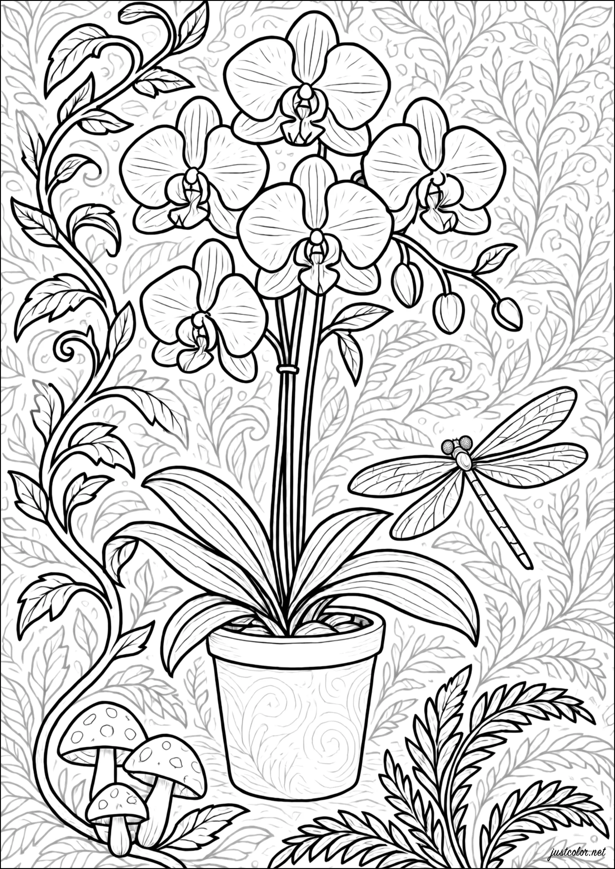 Getopfte Orchidee mit Libelle (Ausmalbild von Blumen & Vegetation zum Ausdrucken und Ausmalen für Erwachsene)