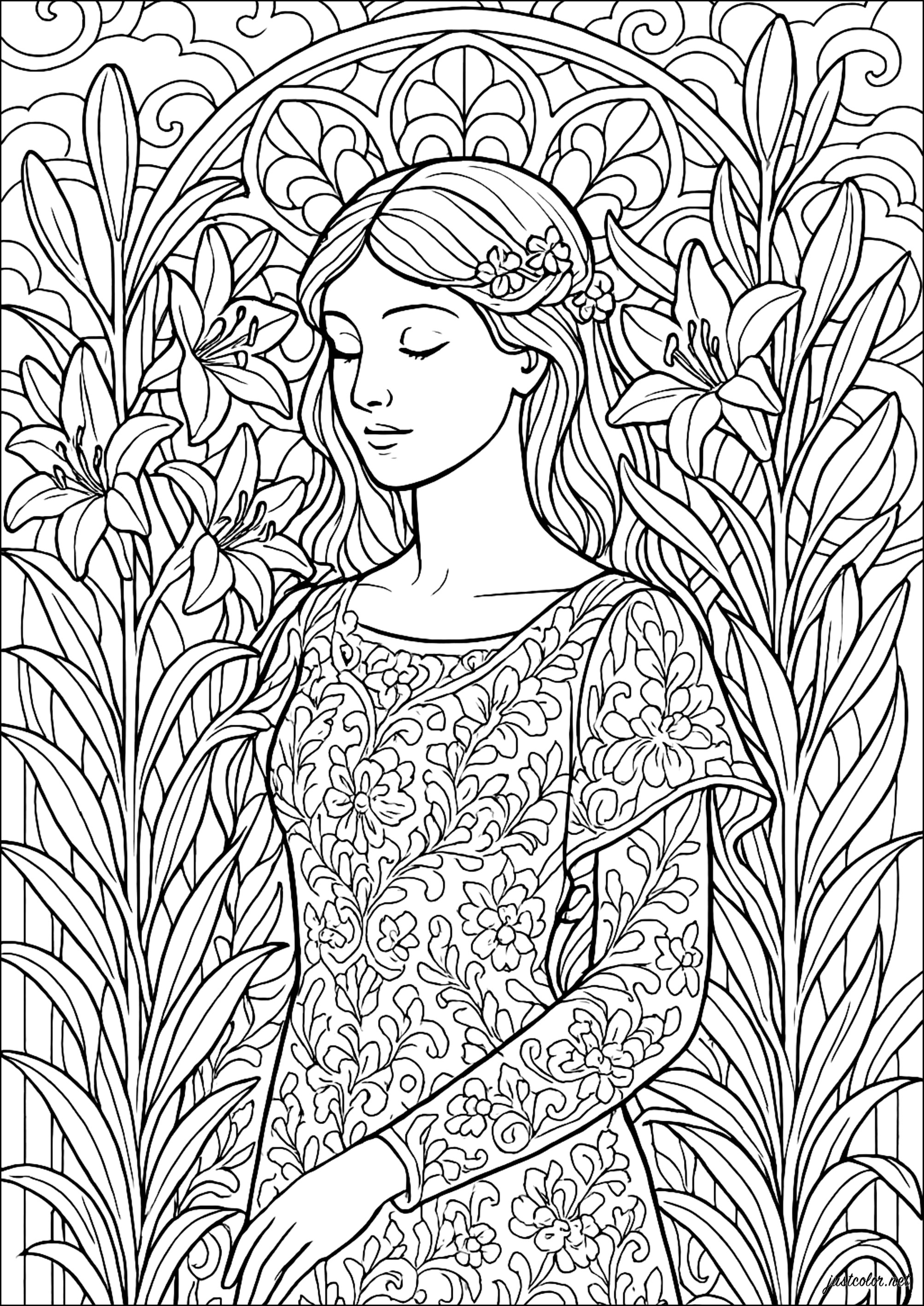 Dame mit Lilien in einem Jugendstil-Ambiente (Ausmalbild von Blumen & Vegetation zum Ausdrucken und Ausmalen für Erwachsene)