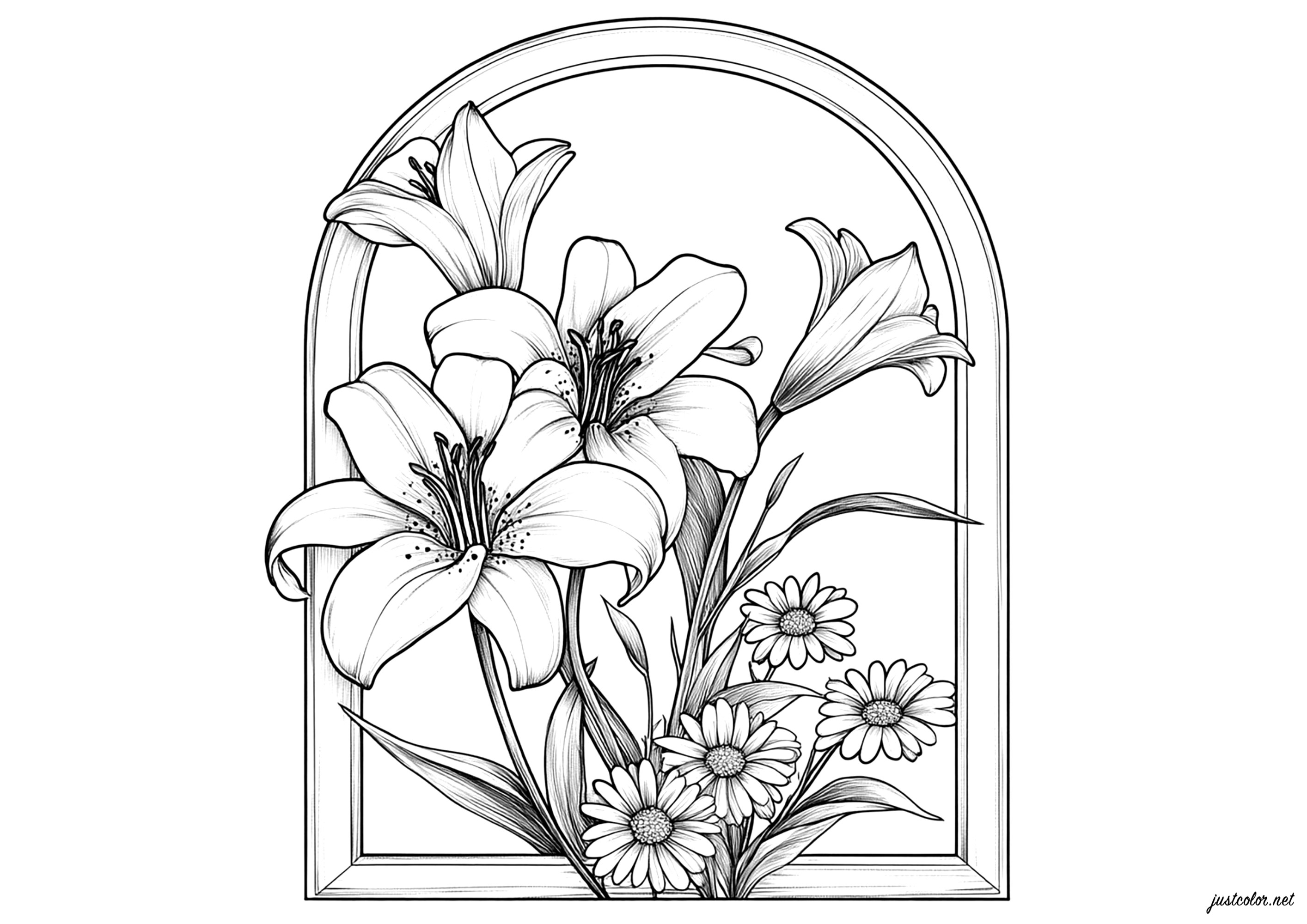 Florale Eleganz in einer künstlerischen Umgebung (Ausmalbild von Blumen & Vegetation zum Ausdrucken und Ausmalen für Erwachsene)
