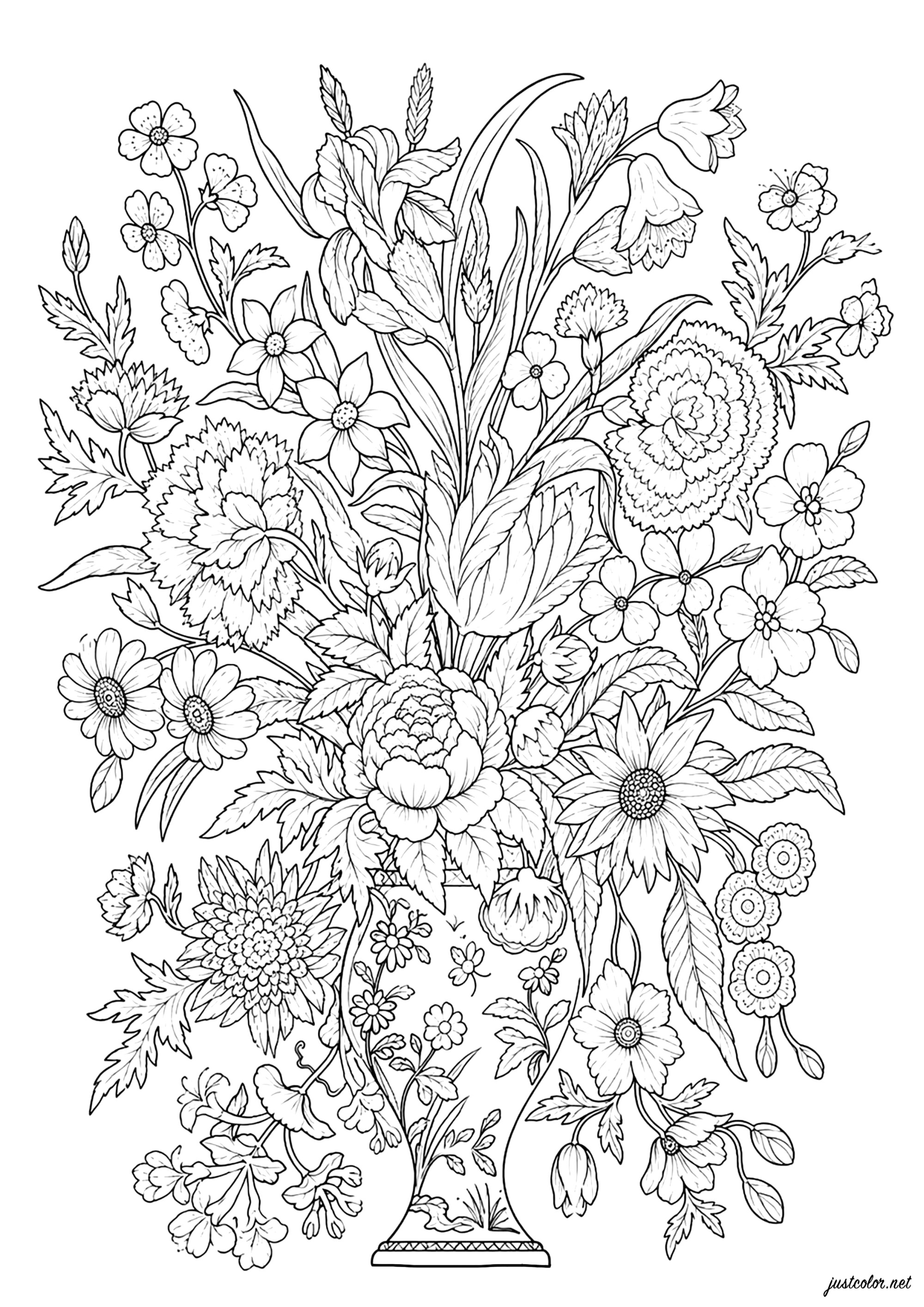 Strahlendes Blumenbouquet (Ausmalbild von Blumen & Vegetation zum Ausdrucken und Ausmalen für Erwachsene)