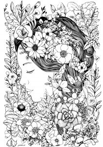 Gesicht einer Frau umgeben von Blumen 1 (Ausmalbild von Blumen & Vegetation)