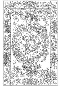 Blumen, Blätter und Vögel (Intarsien) (Ausmalbild von Blumen & Vegetation)