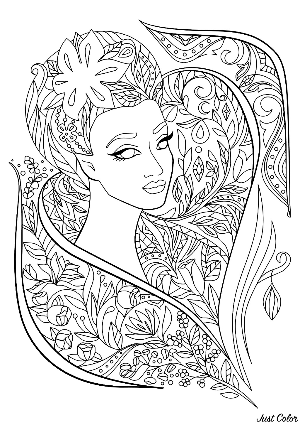 Frau Gesicht mit schönen Blumen und Blätter zu färben