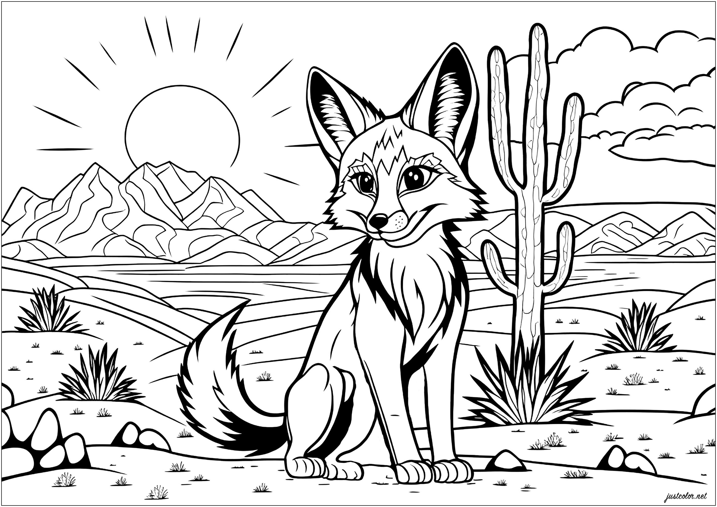 Ein majestätischer Fuchs in der trockenen Wüste. Das Ausmalen dieses Fuchses in der Wüste erweckt dieses einzigartige Tier mit leuchtenden Farben zum Leben und lässt dich erahnen, wie es sein könnte, Teil seiner wilden Welt zu sein.