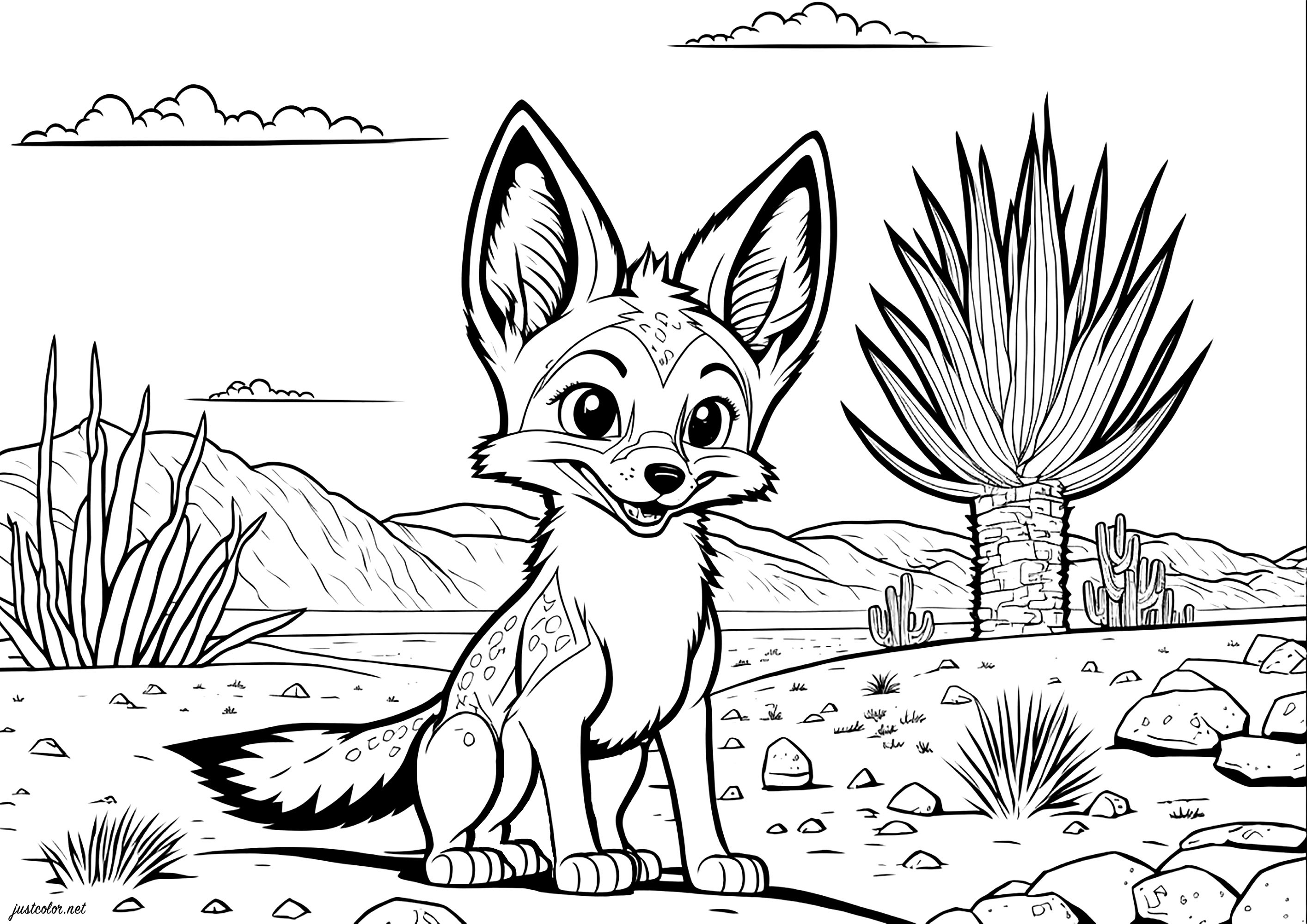 Ausmalen eines niedlichen Fuchses in der Wüste. Lass dich vom Mut dieses jungen Fuchses inspirieren, neue Horizonte zu erkunden und deinen eigenen Weg in der Wüste des Lebens zu finden!