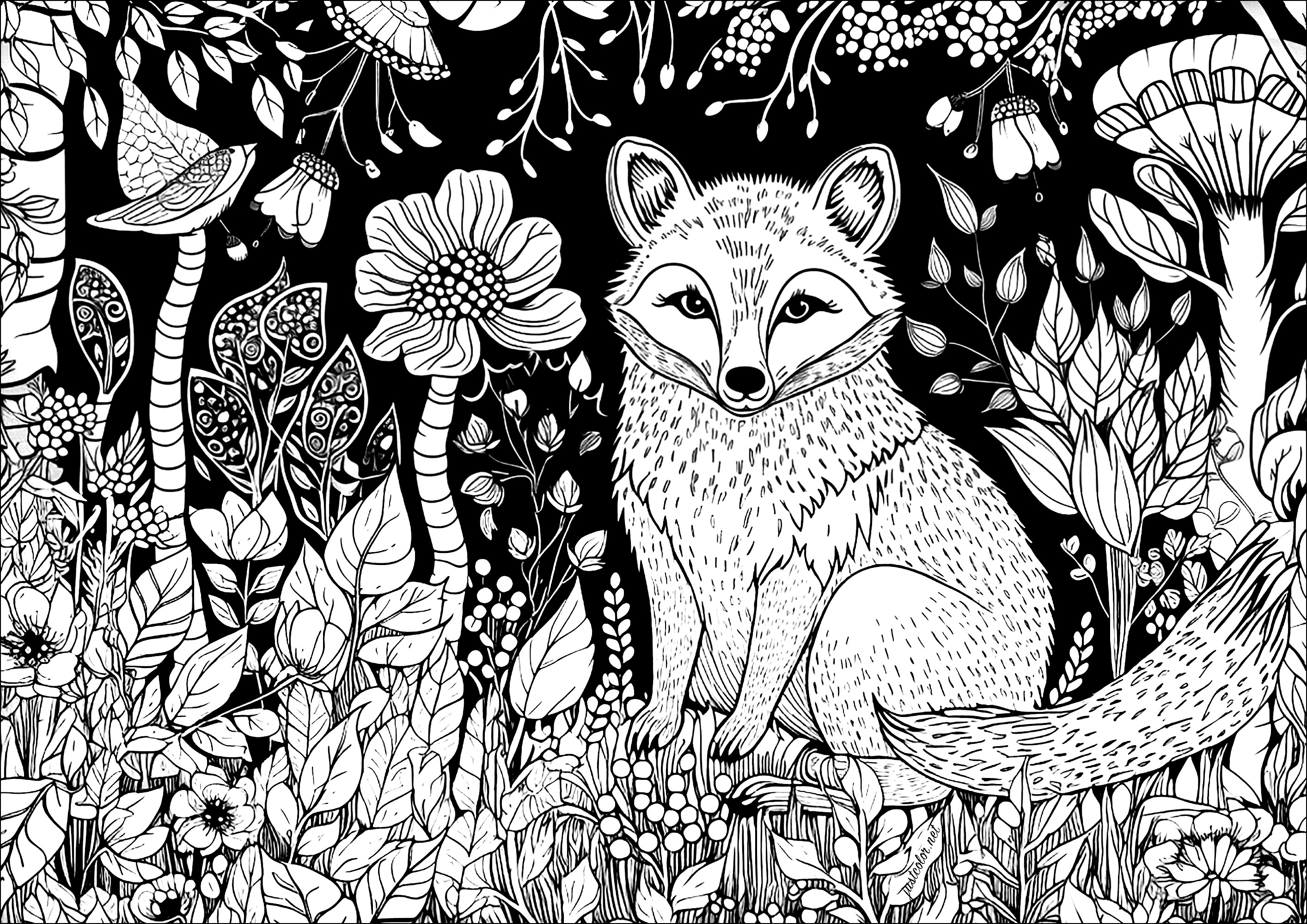 Fuchs im verwunschenen Wald. Wunderschöne Vegetation zum Ausmalen und ein schwarzer Hintergrund, der Ihrer Kreation Tiefe verleiht. Fuchs im verwunschenen Wald. Wunderschöne Vegetation zum Ausmalen und ein schwarzer Hintergrund, der Ihrer Kreation Tiefe verleiht.