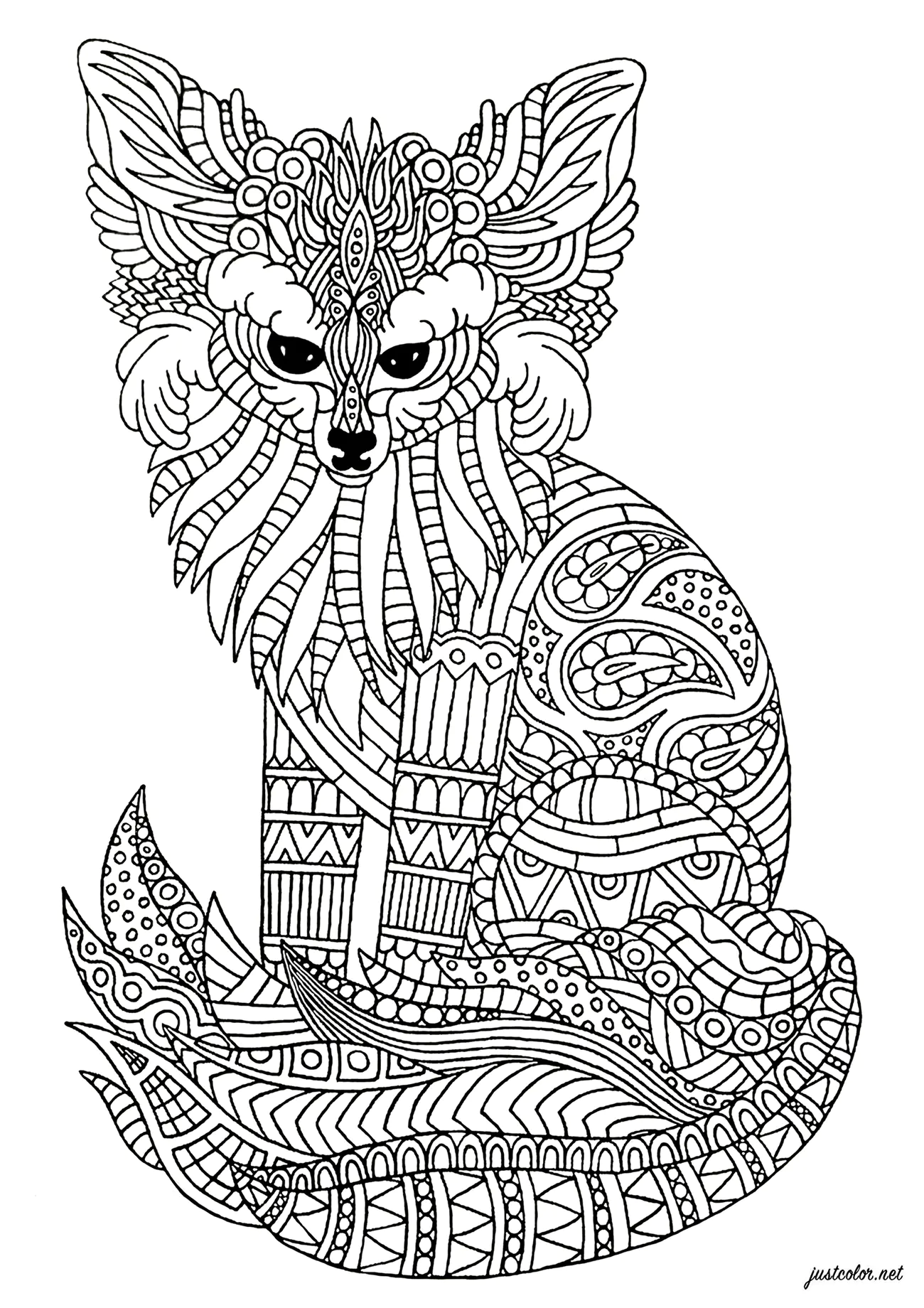 Fennec (Zentangle) (Ausmalbild von Füchse zum Ausdrucken und Ausmalen für Erwachsene)